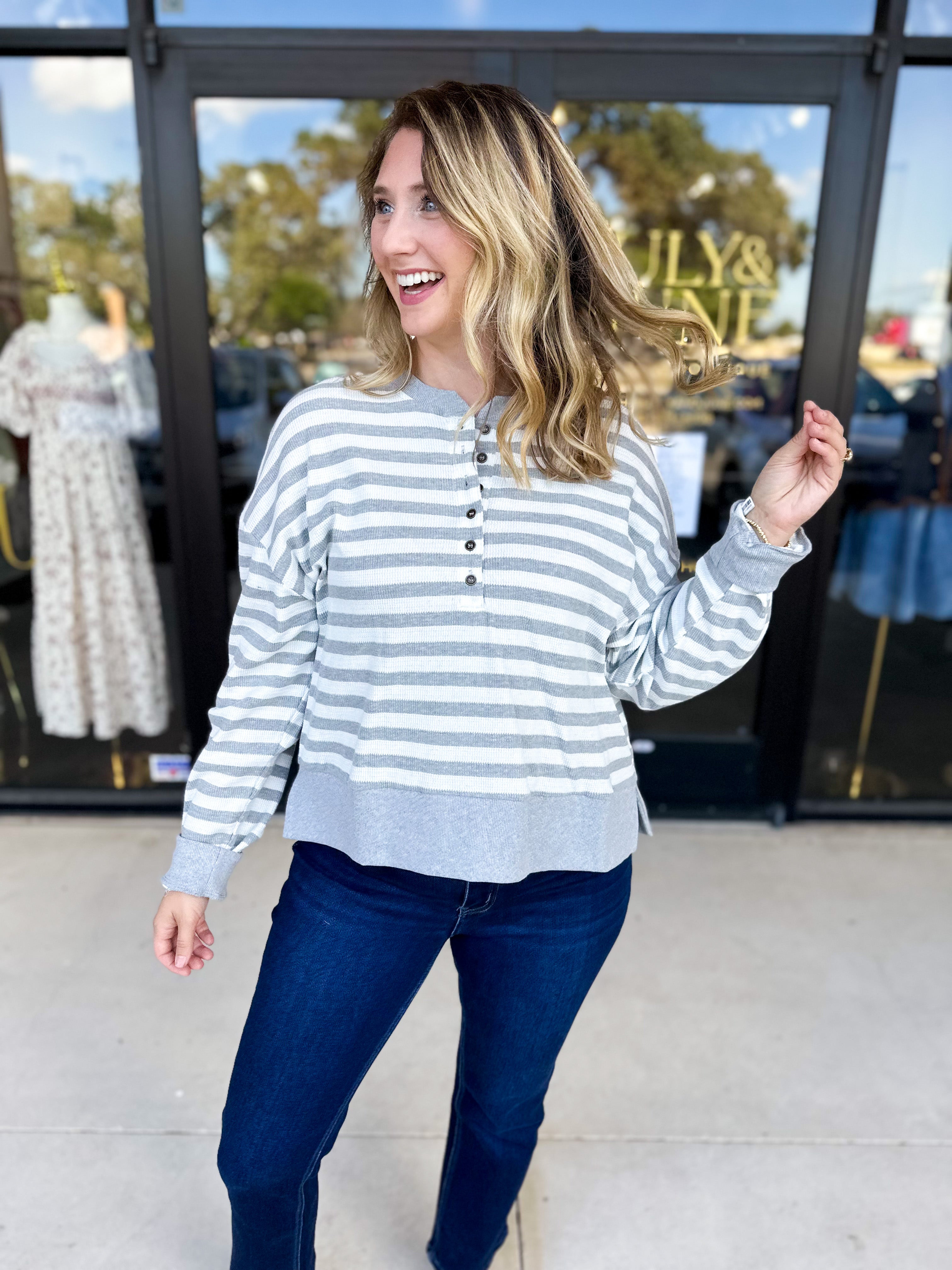 Casual Cool Henley Long Sleeve - Light Grey-210 Casual Blouses-POLOGRAM-July & June Women's Fashion Boutique Located in San Antonio, Texas
