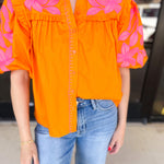 THML - Bold Citrus Embroidered Blouse-200 Fashion Blouses-THML-July & June Women's Fashion Boutique Located in San Antonio, Texas