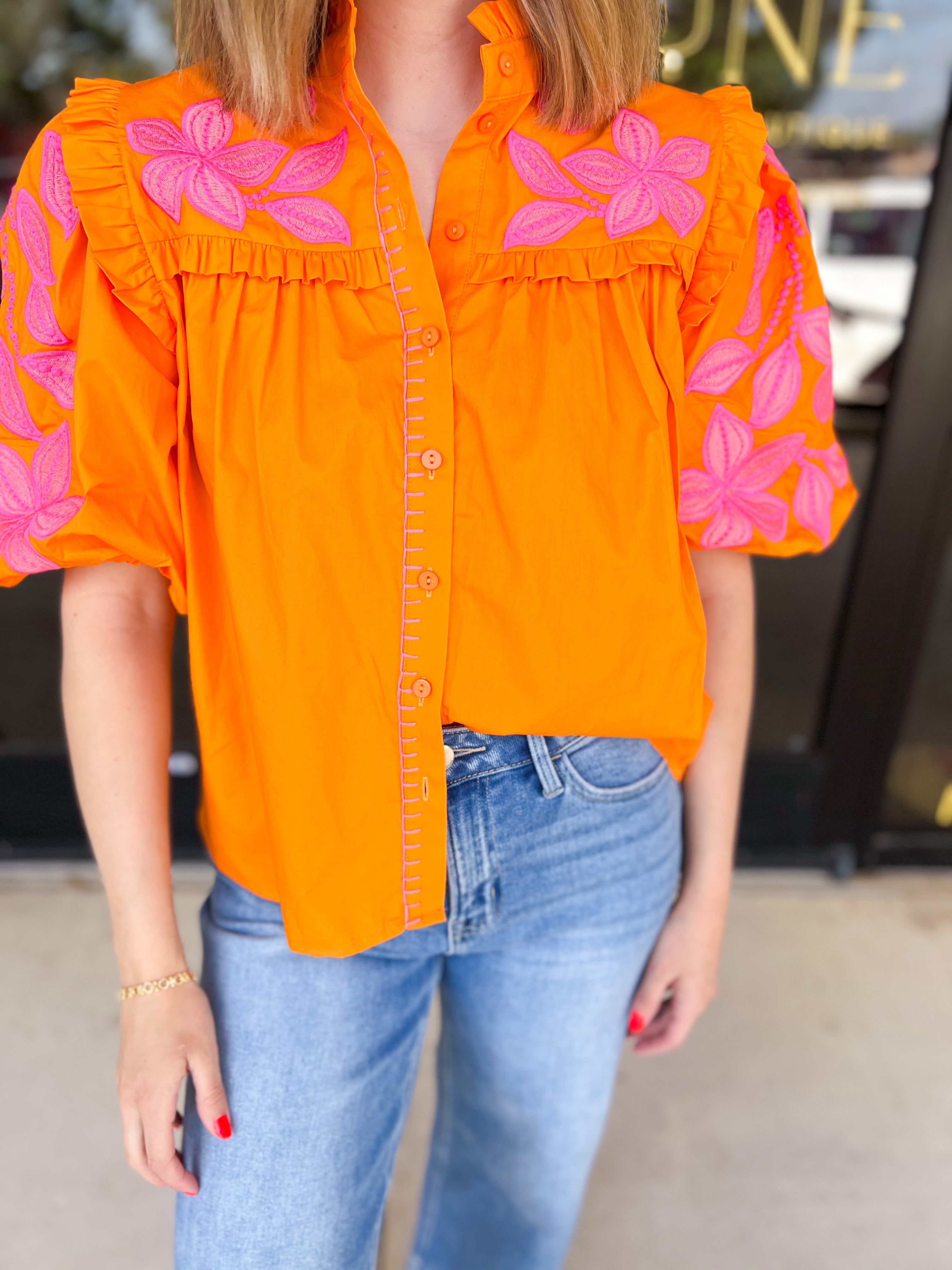 THML - Bold Citrus Embroidered Blouse-200 Fashion Blouses-THML-July & June Women's Fashion Boutique Located in San Antonio, Texas