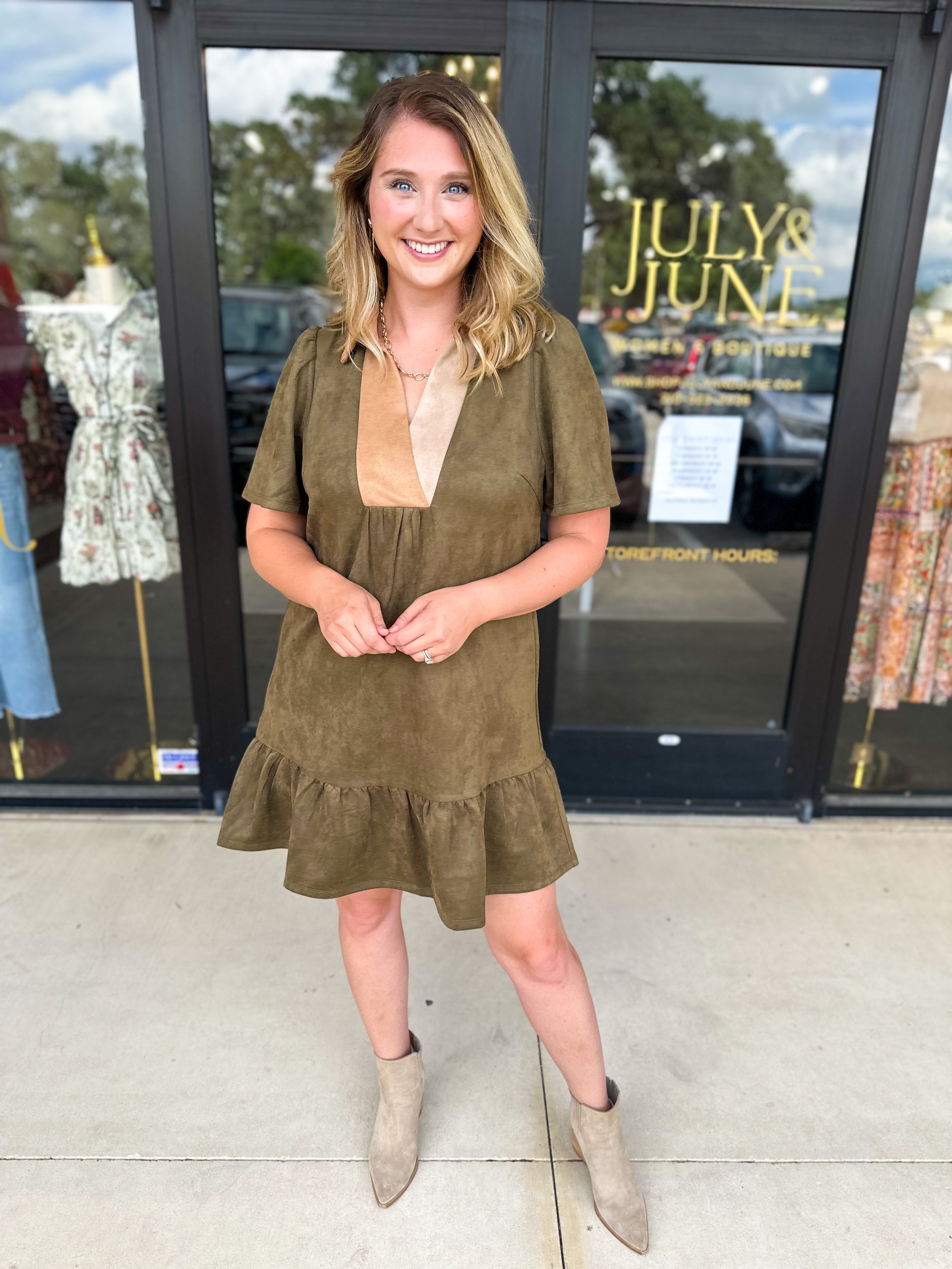 THML - Olive & Tan Suede Mini Dress-510 Mini-THML-July & June Women's Fashion Boutique Located in San Antonio, Texas