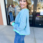Seafoam Striped Long Sleeve Top-210 Casual Blouses-VEVERET CLOTHING-July & June Women's Fashion Boutique Located in San Antonio, Texas