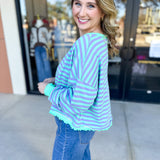 Seafoam Striped Long Sleeve Top-210 Casual Blouses-VEVERET CLOTHING-July & June Women's Fashion Boutique Located in San Antonio, Texas