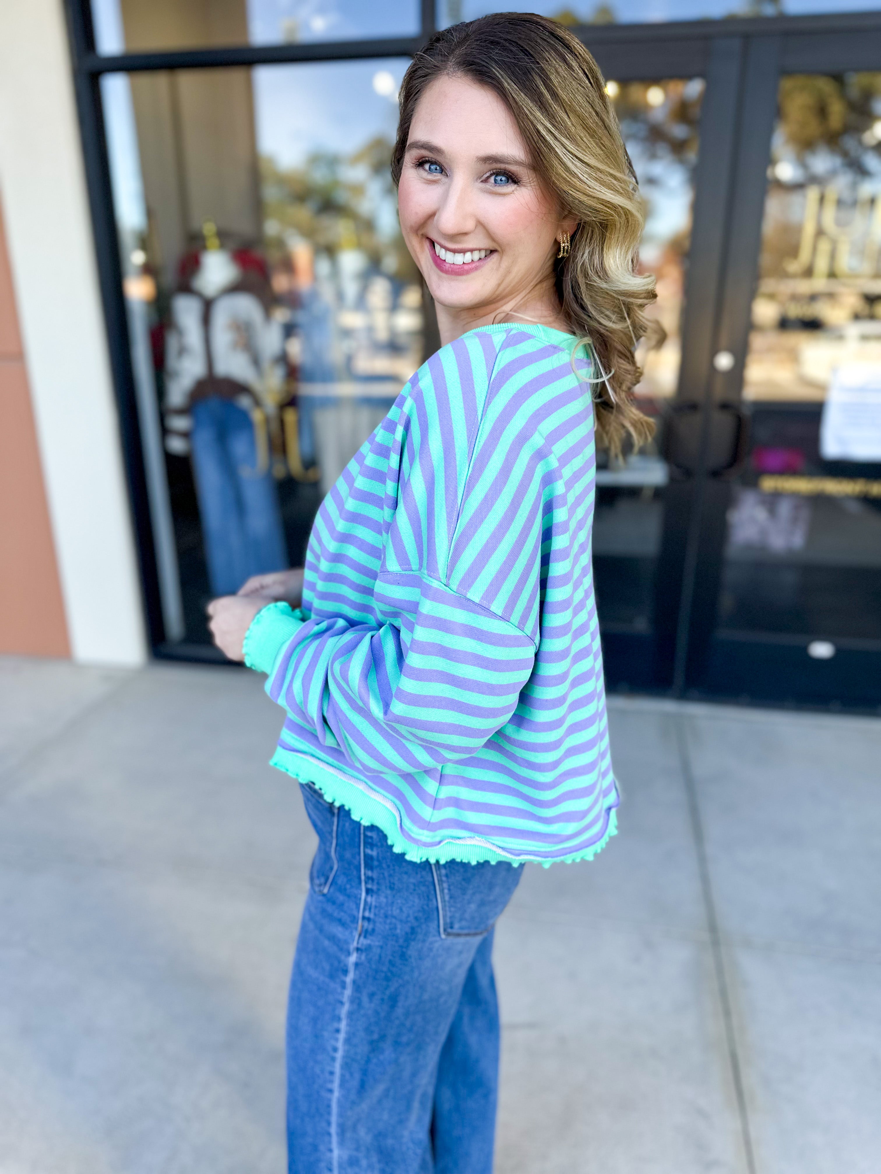 Seafoam Striped Long Sleeve Top-210 Casual Blouses-VEVERET CLOTHING-July & June Women's Fashion Boutique Located in San Antonio, Texas