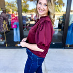 Pink Friday Doorbuster - Puff Sleeve Satin Blouse - Wine - IN STORE-PINK FRIDAY DOORBUSTERS-GLAM-July & June Women's Fashion Boutique Located in San Antonio, Texas