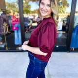Pink Friday Doorbuster - Puff Sleeve Satin Blouse - Wine - IN STORE-PINK FRIDAY DOORBUSTERS-GLAM-July & June Women's Fashion Boutique Located in San Antonio, Texas