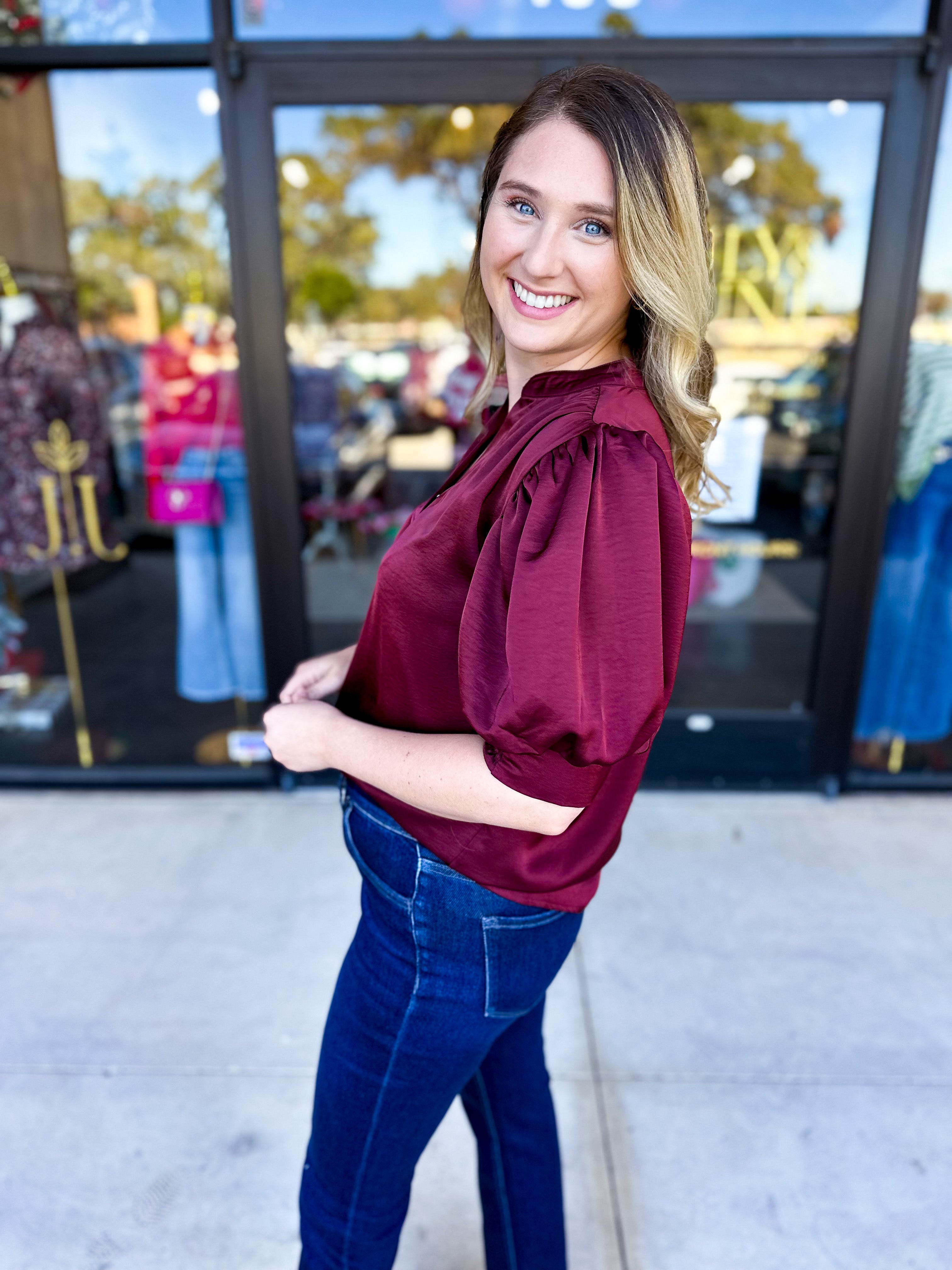 Pink Friday Doorbuster - Puff Sleeve Satin Blouse - Wine - IN STORE-PINK FRIDAY DOORBUSTERS-GLAM-July & June Women's Fashion Boutique Located in San Antonio, Texas