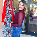 Sheer Rhinestone Long Sleeve Top - Burgundy-200 Fashion Blouses-SKIES ARE BLUE-July & June Women's Fashion Boutique Located in San Antonio, Texas