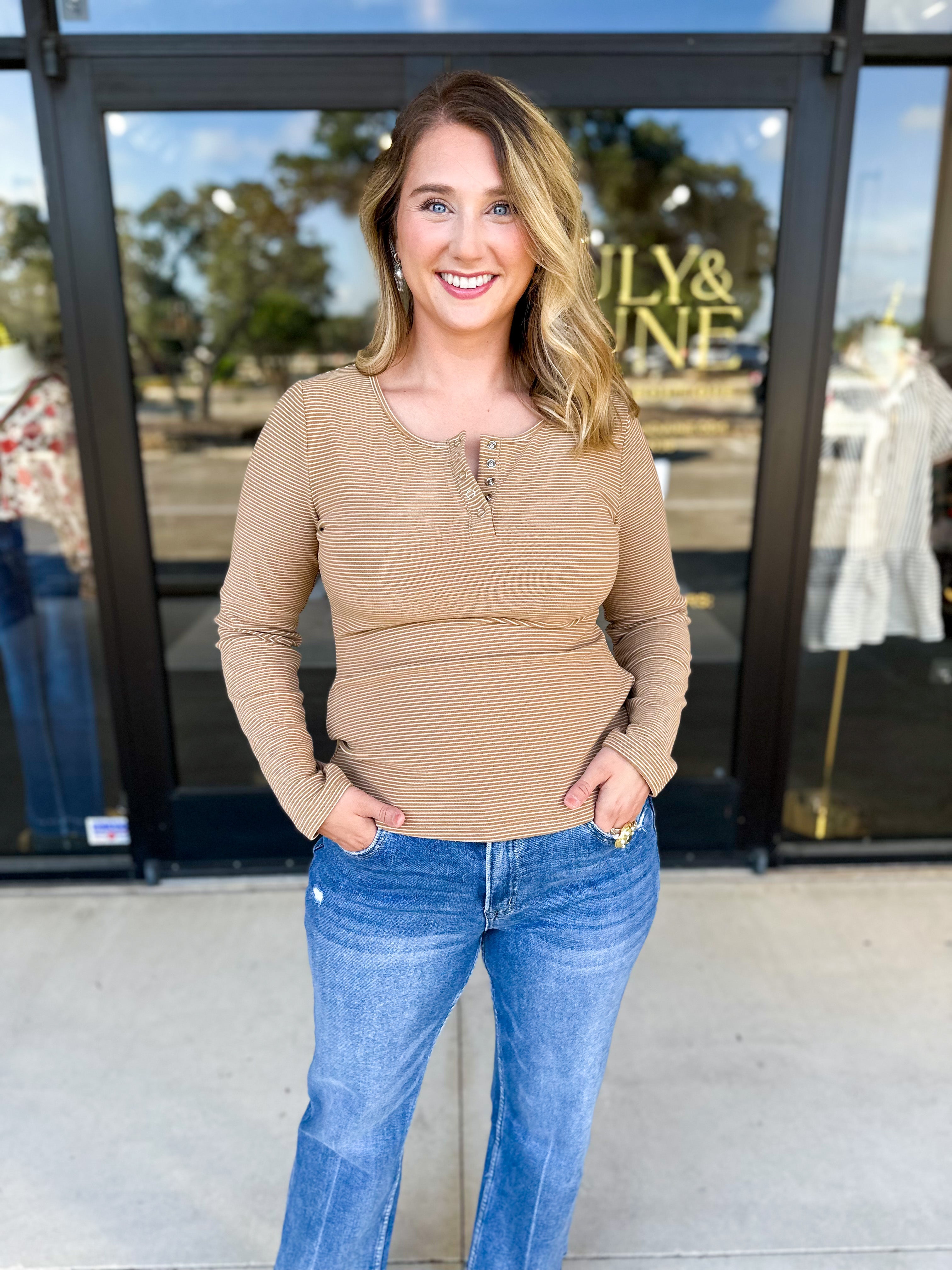 Henley Long Sleeve Basic Top - Camel-210 Casual Blouses-POLOGRAM-July & June Women's Fashion Boutique Located in San Antonio, Texas