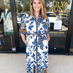 Slate Blue & Rust Watercolor Midi Dress-500 Midi-ENTRO-July & June Women's Fashion Boutique Located in San Antonio, Texas