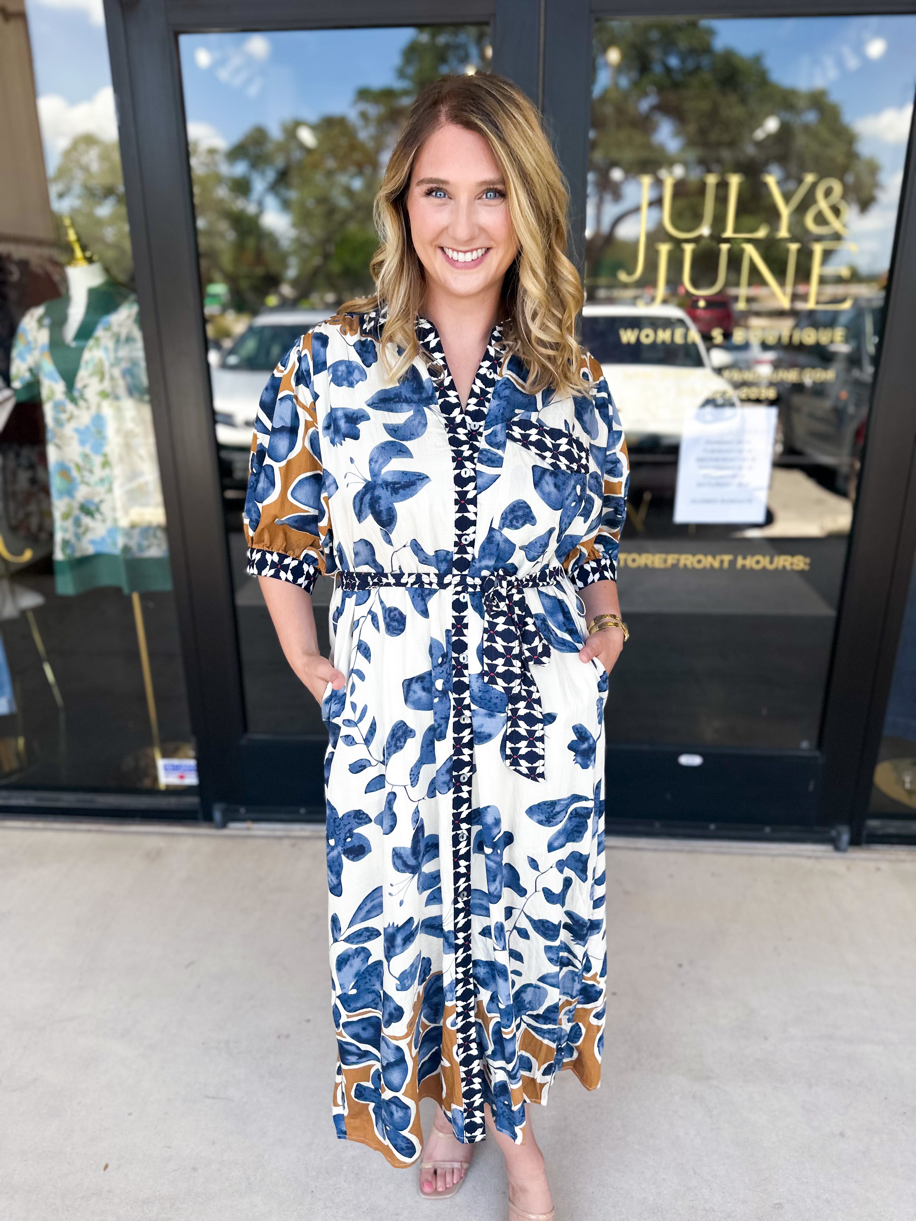 Slate Blue & Rust Watercolor Midi Dress-500 Midi-ENTRO-July & June Women's Fashion Boutique Located in San Antonio, Texas