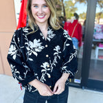 Ivory & Black Floral Blouse-200 Fashion Blouses-JODIFL-July & June Women's Fashion Boutique Located in San Antonio, Texas