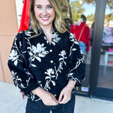 Ivory & Black Floral Blouse-200 Fashion Blouses-JODIFL-July & June Women's Fashion Boutique Located in San Antonio, Texas