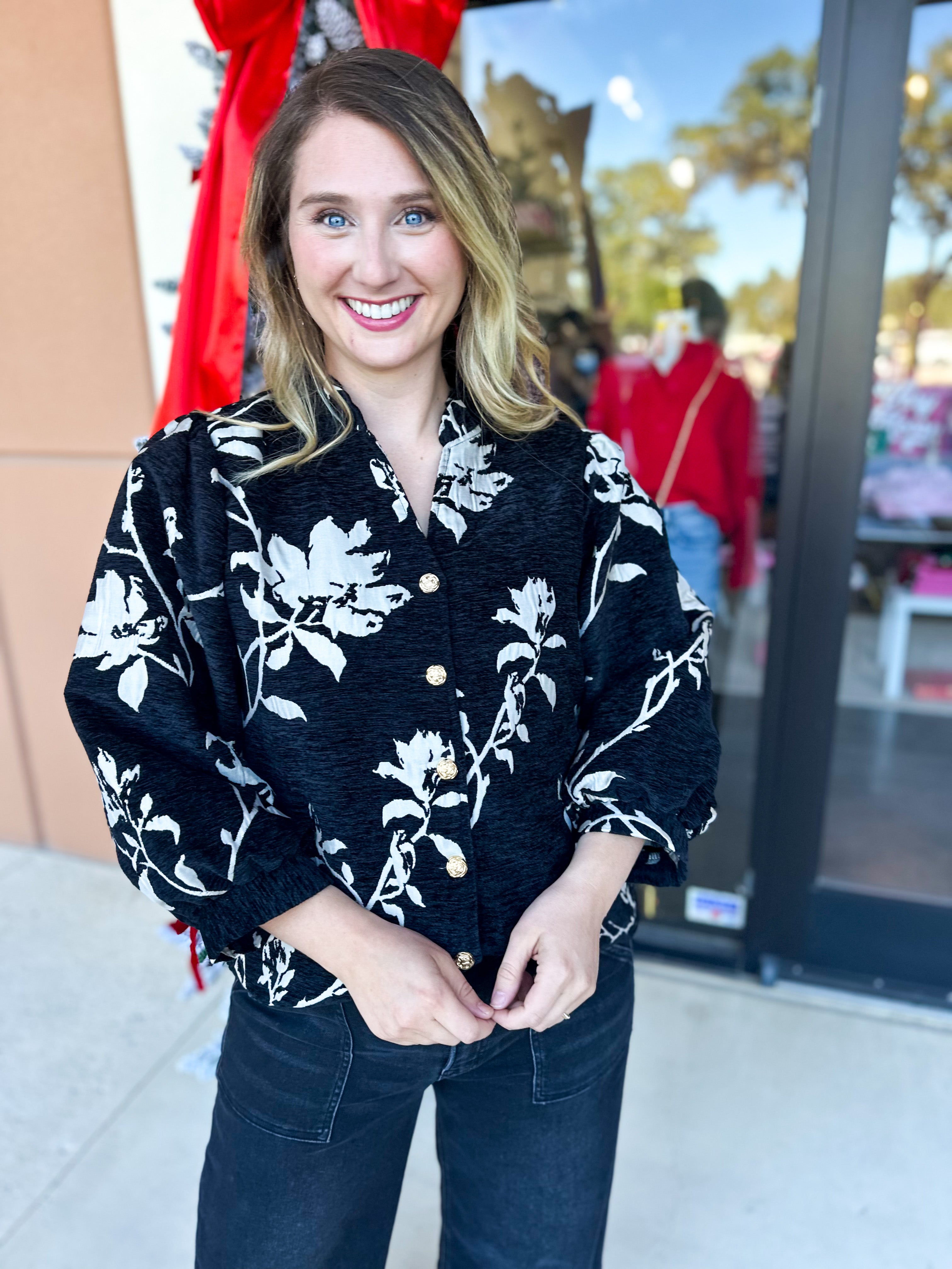 Ivory & Black Floral Blouse-200 Fashion Blouses-JODIFL-July & June Women's Fashion Boutique Located in San Antonio, Texas