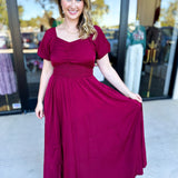 Elegant Burgundy Midi Dress-500 Midi-POLOGRAM-July & June Women's Fashion Boutique Located in San Antonio, Texas