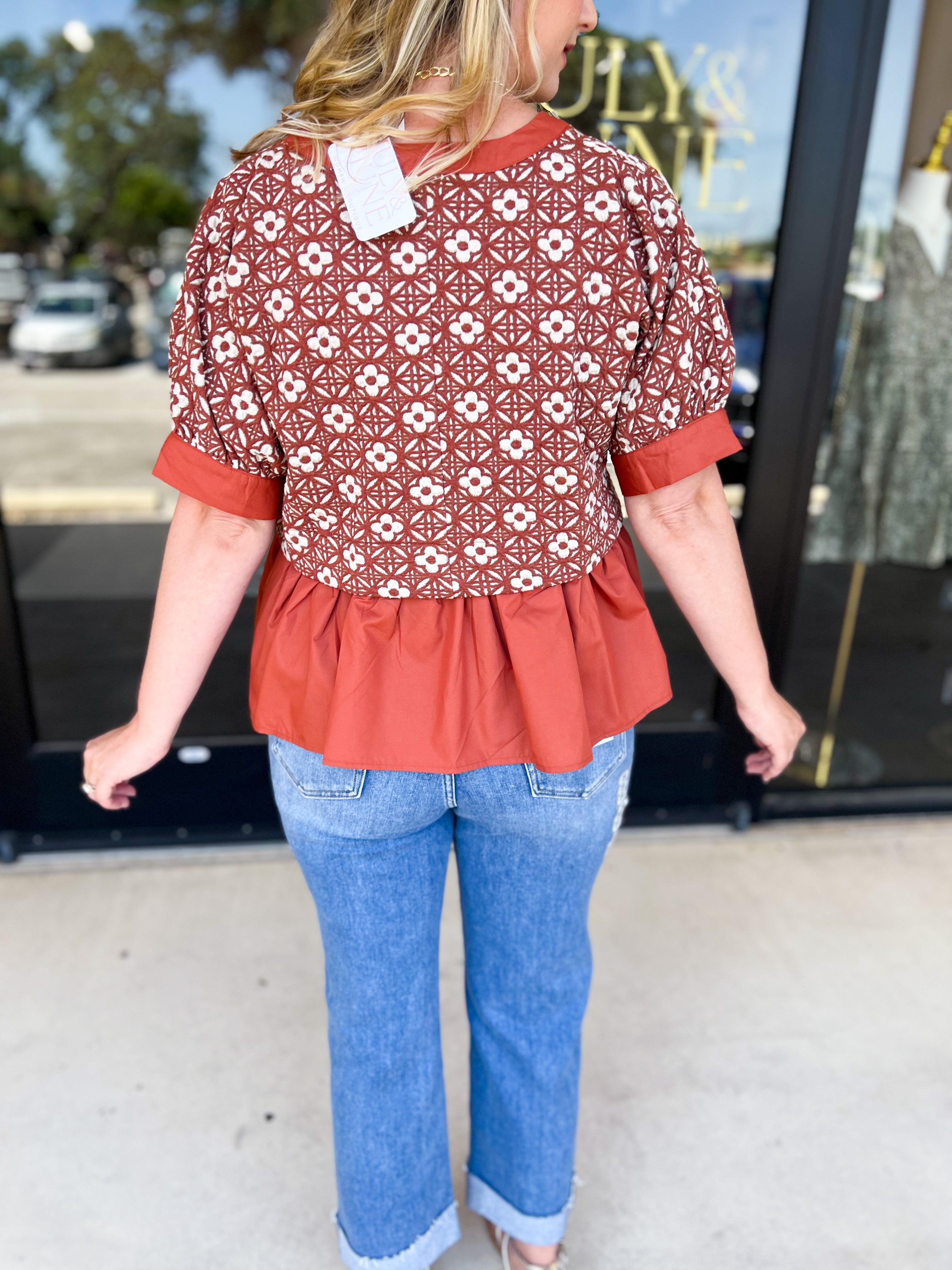 The Fall Peplum Top - Rust-200 Fashion Blouses-ENTRO-July & June Women's Fashion Boutique Located in San Antonio, Texas