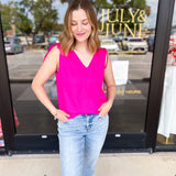 Elevated Shoulder Tie Tank- Hot Pink-200 Fashion Blouses-SKIES ARE BLUE-July & June Women's Fashion Boutique Located in San Antonio, Texas