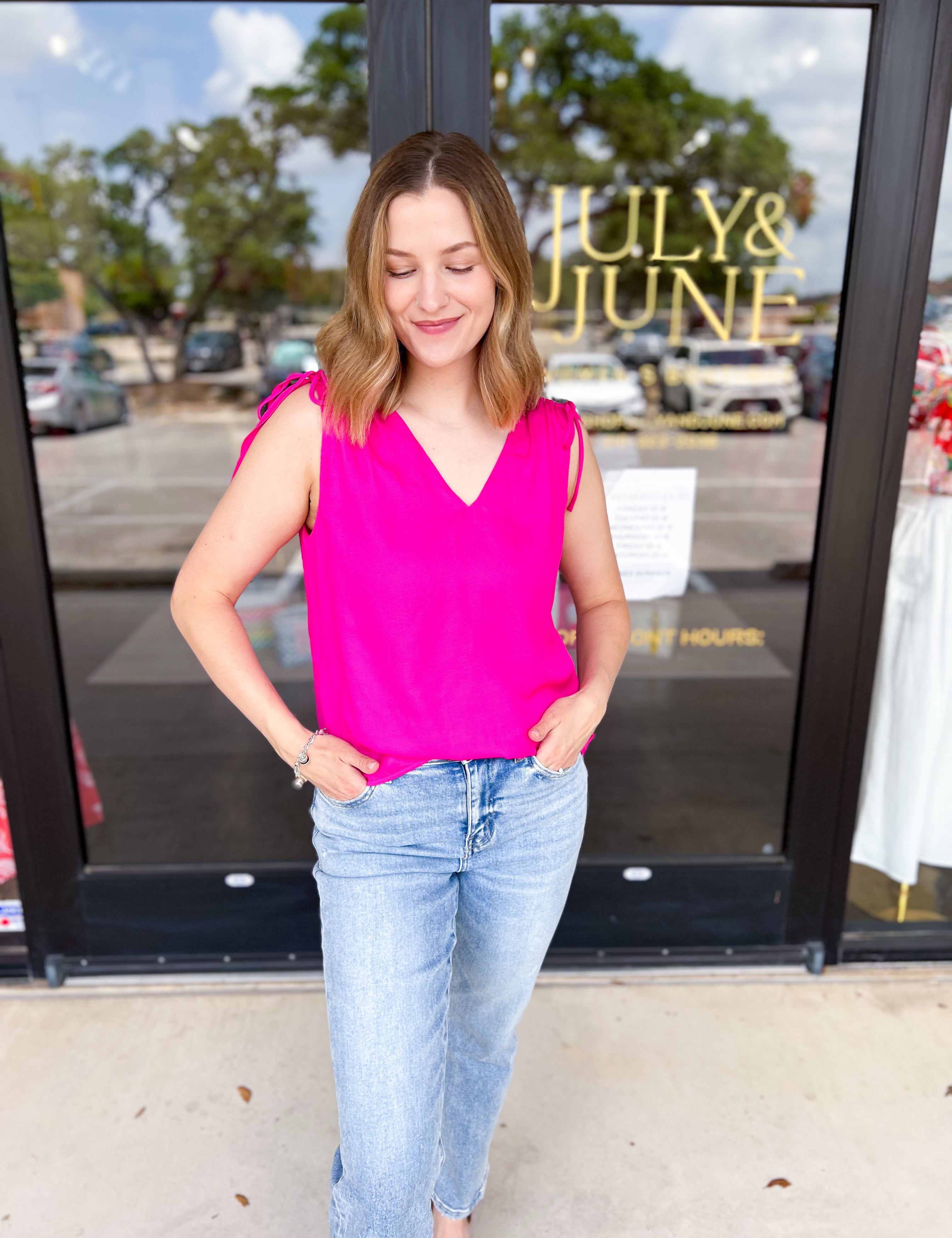 Elevated Shoulder Tie Tank- Hot Pink-200 Fashion Blouses-SKIES ARE BLUE-July & June Women's Fashion Boutique Located in San Antonio, Texas