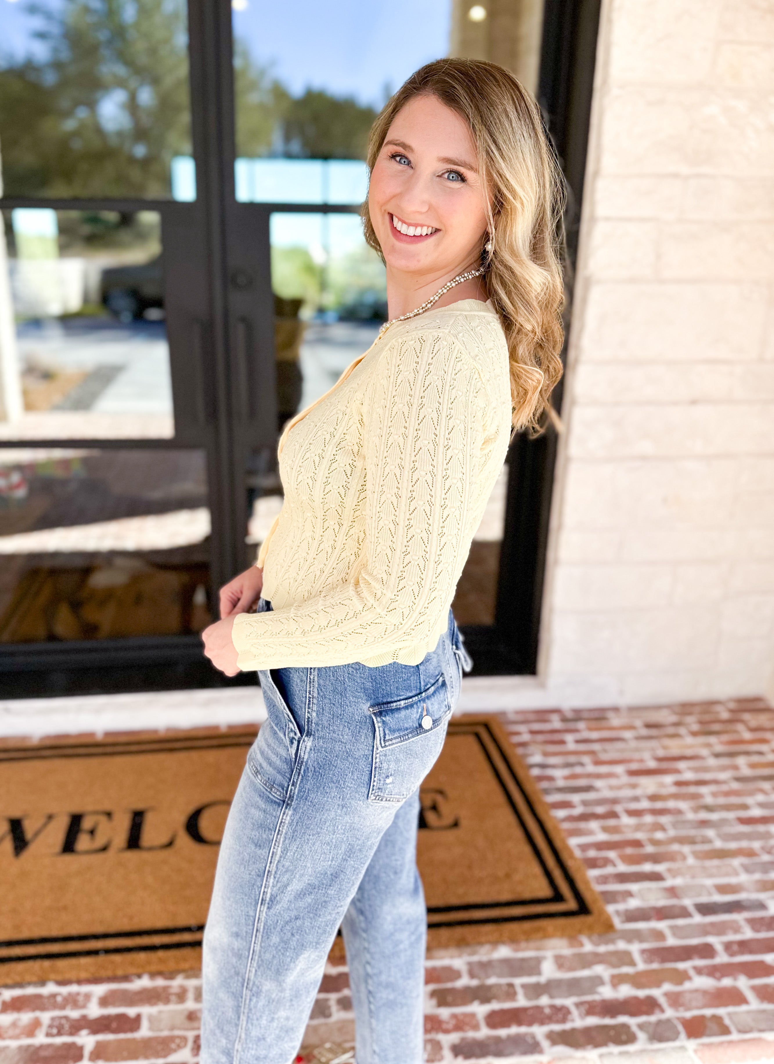 Pointelle Cardigan - Butter Yellow-230 Sweaters/Cardis-ALLIE ROSE-July & June Women's Fashion Boutique Located in San Antonio, Texas