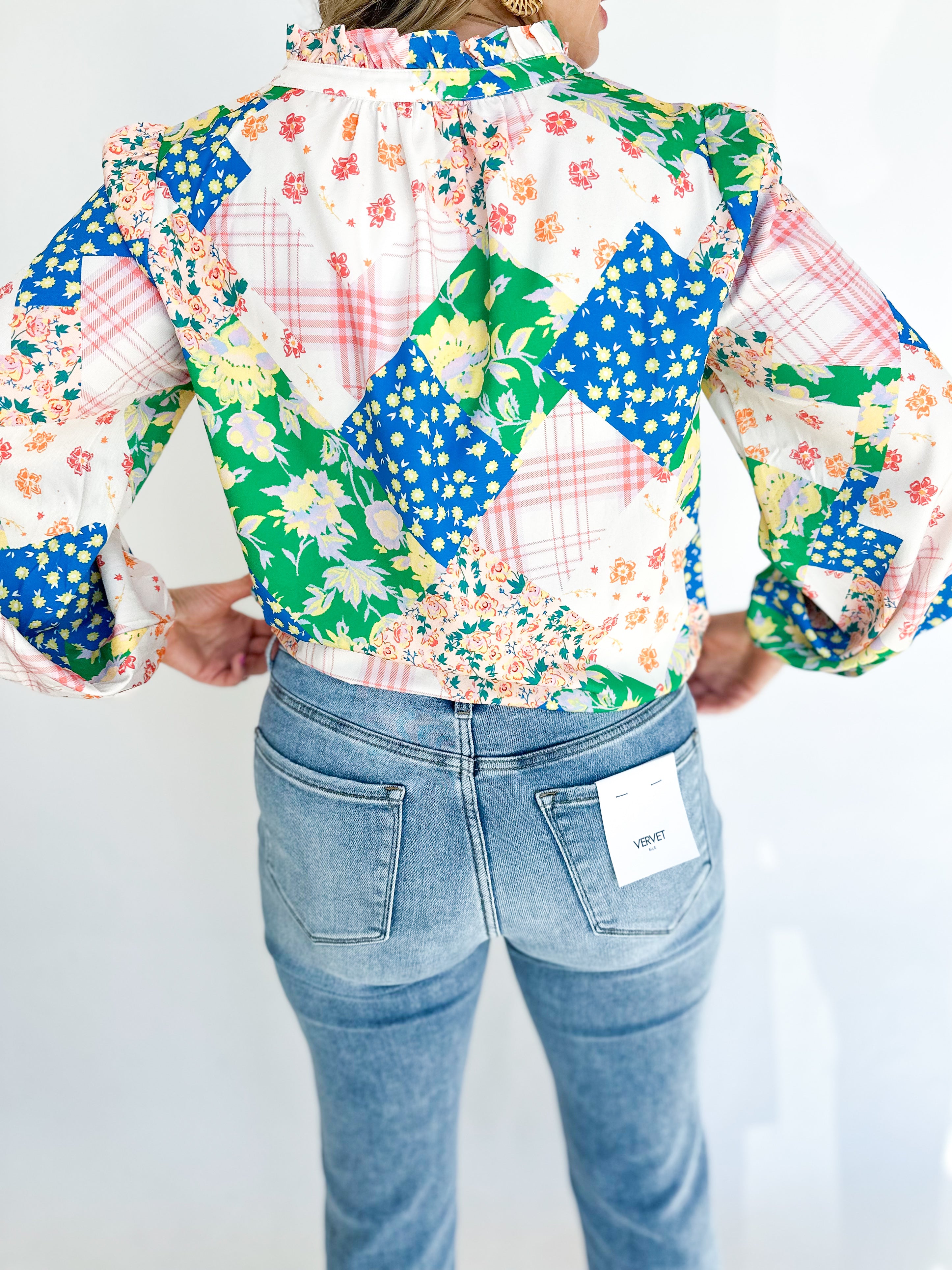 Spring Patchwork Blouse-200 Fashion Blouses-FATE-July & June Women's Fashion Boutique Located in San Antonio, Texas