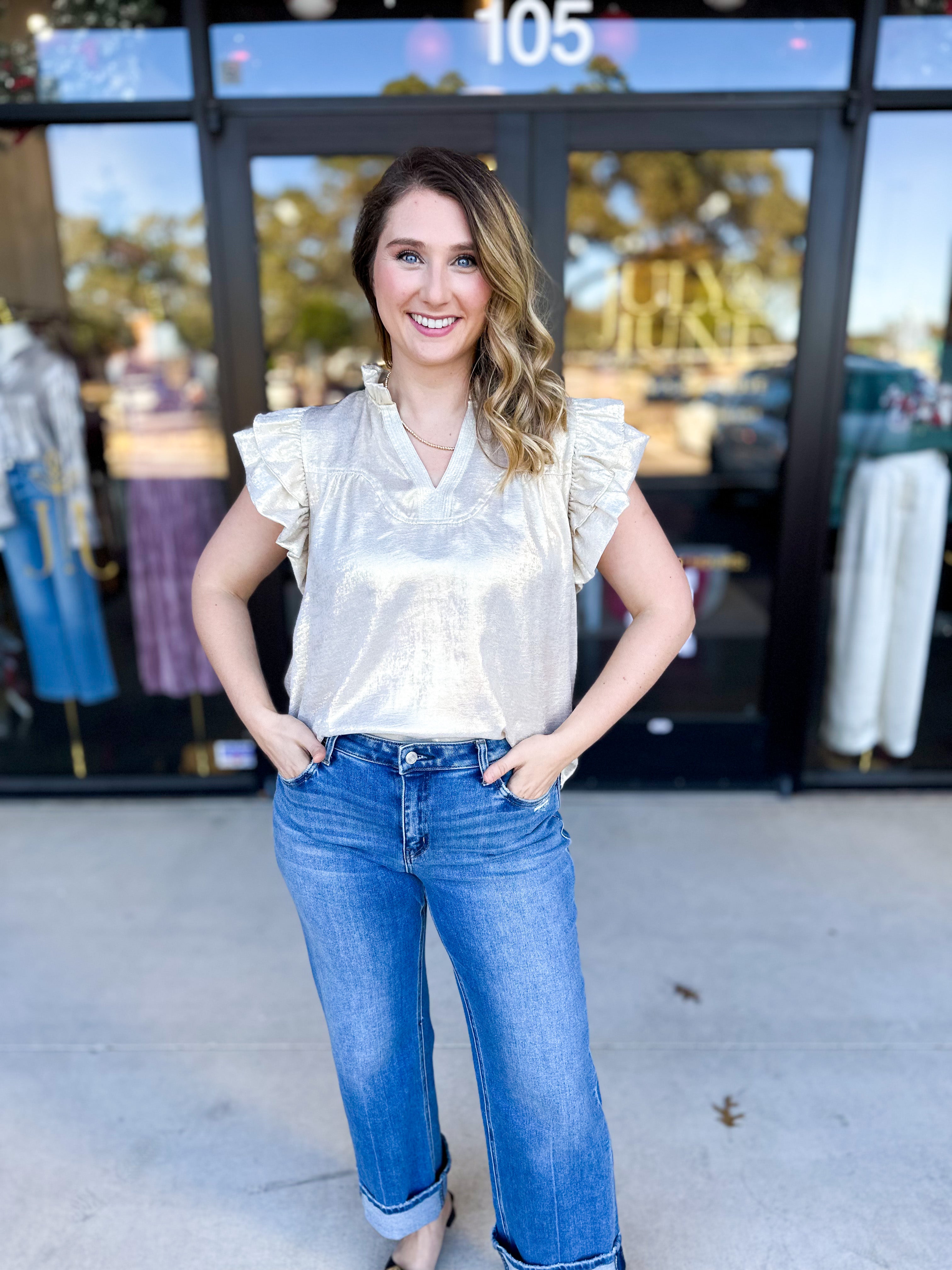 THML - Gold Shimmer Blouse-200 Fashion Blouses-THML-July & June Women's Fashion Boutique Located in San Antonio, Texas