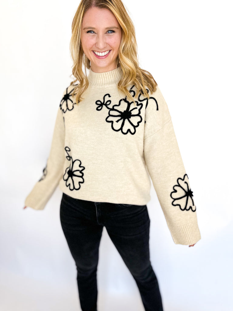 Floral Stitched Mock Neck Sweater- Oat-230 Sweaters/Cardis-ENTRO-July & June Women's Fashion Boutique Located in San Antonio, Texas