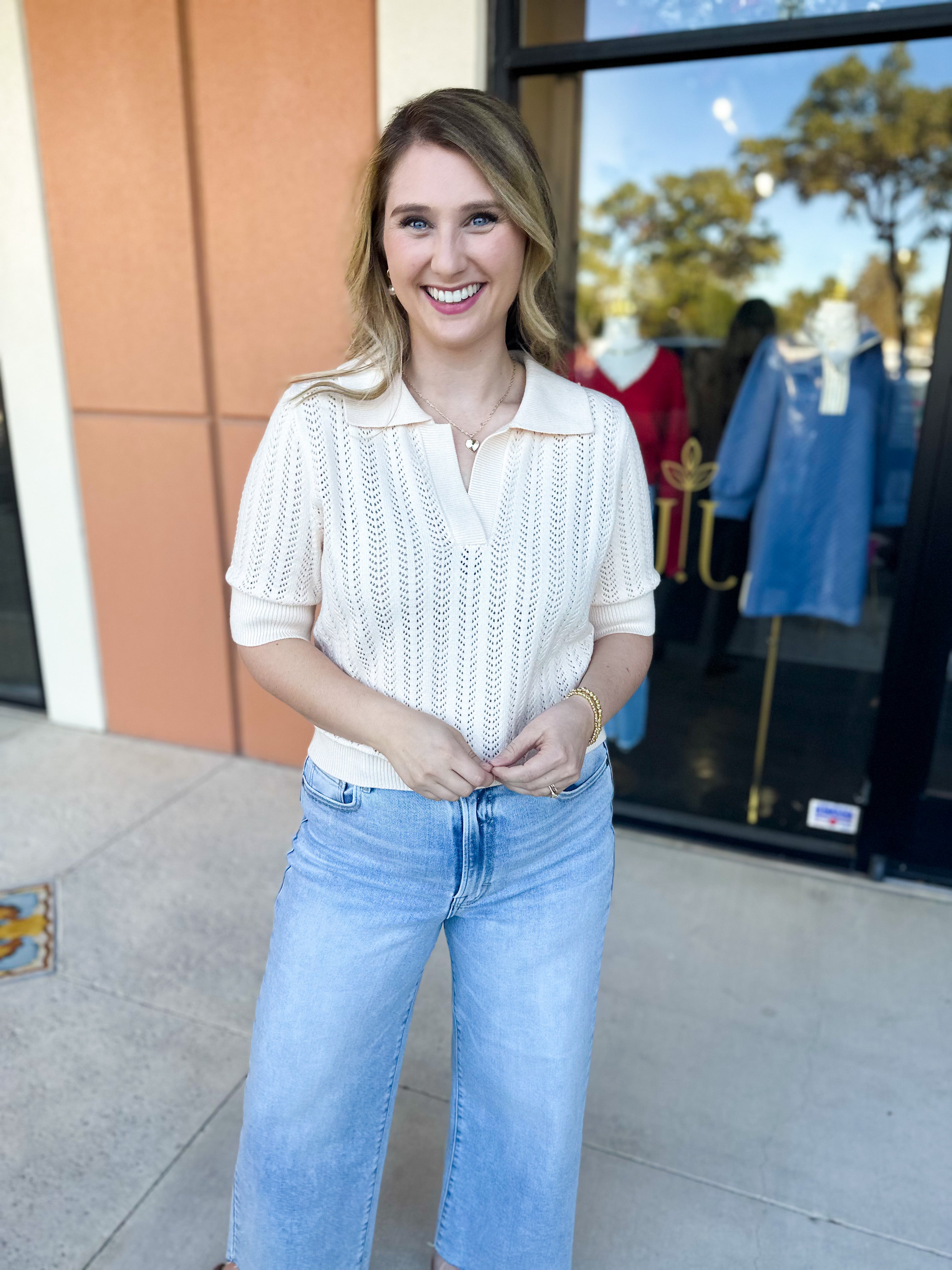 THML - Cream Knit Collared Sweater Top-230 Sweaters/Cardis-THML-July & June Women's Fashion Boutique Located in San Antonio, Texas