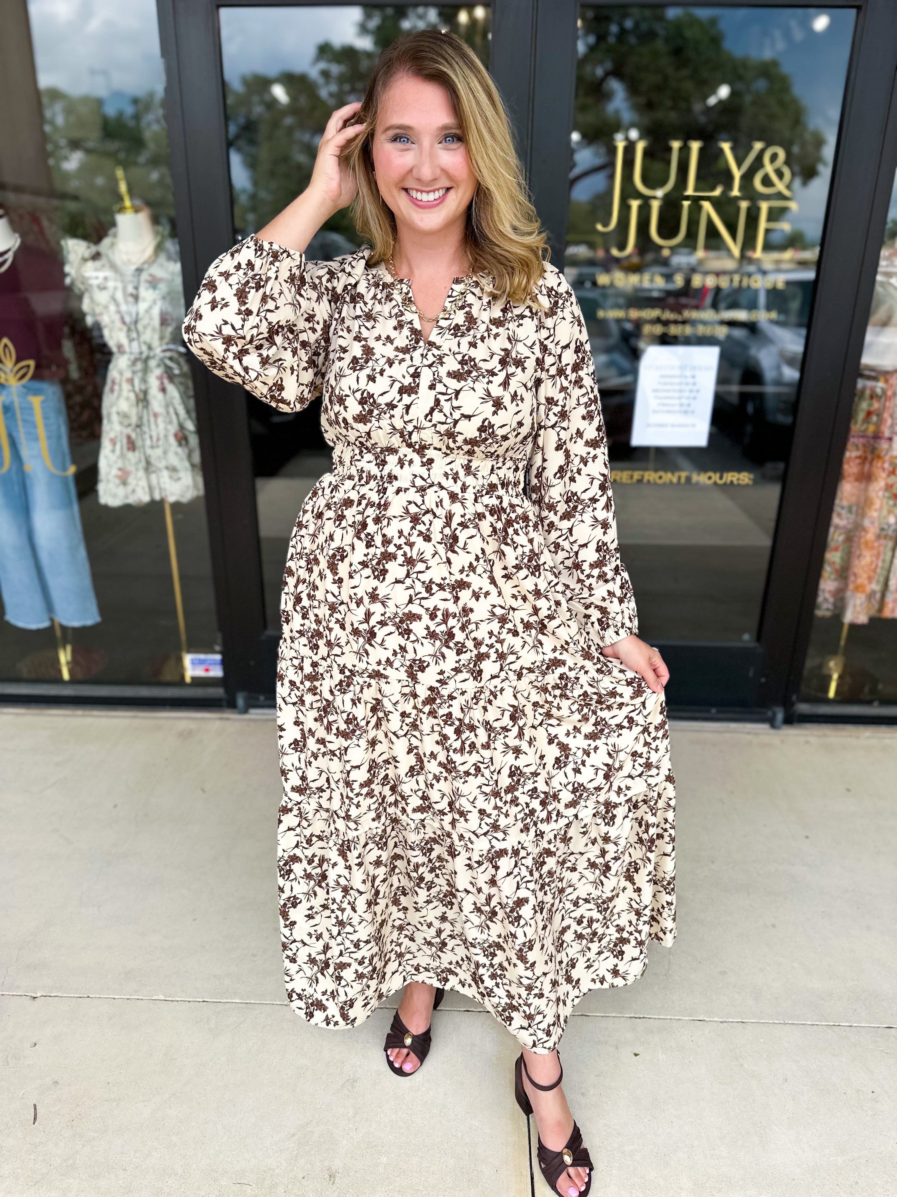 Fall Days Floral Midi Dress-500 Midi-POLOGRAM-July & June Women's Fashion Boutique Located in San Antonio, Texas
