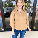 Soft Scalloped Top - Camel-200 Fashion Blouses-JODIFL-July & June Women's Fashion Boutique Located in San Antonio, Texas