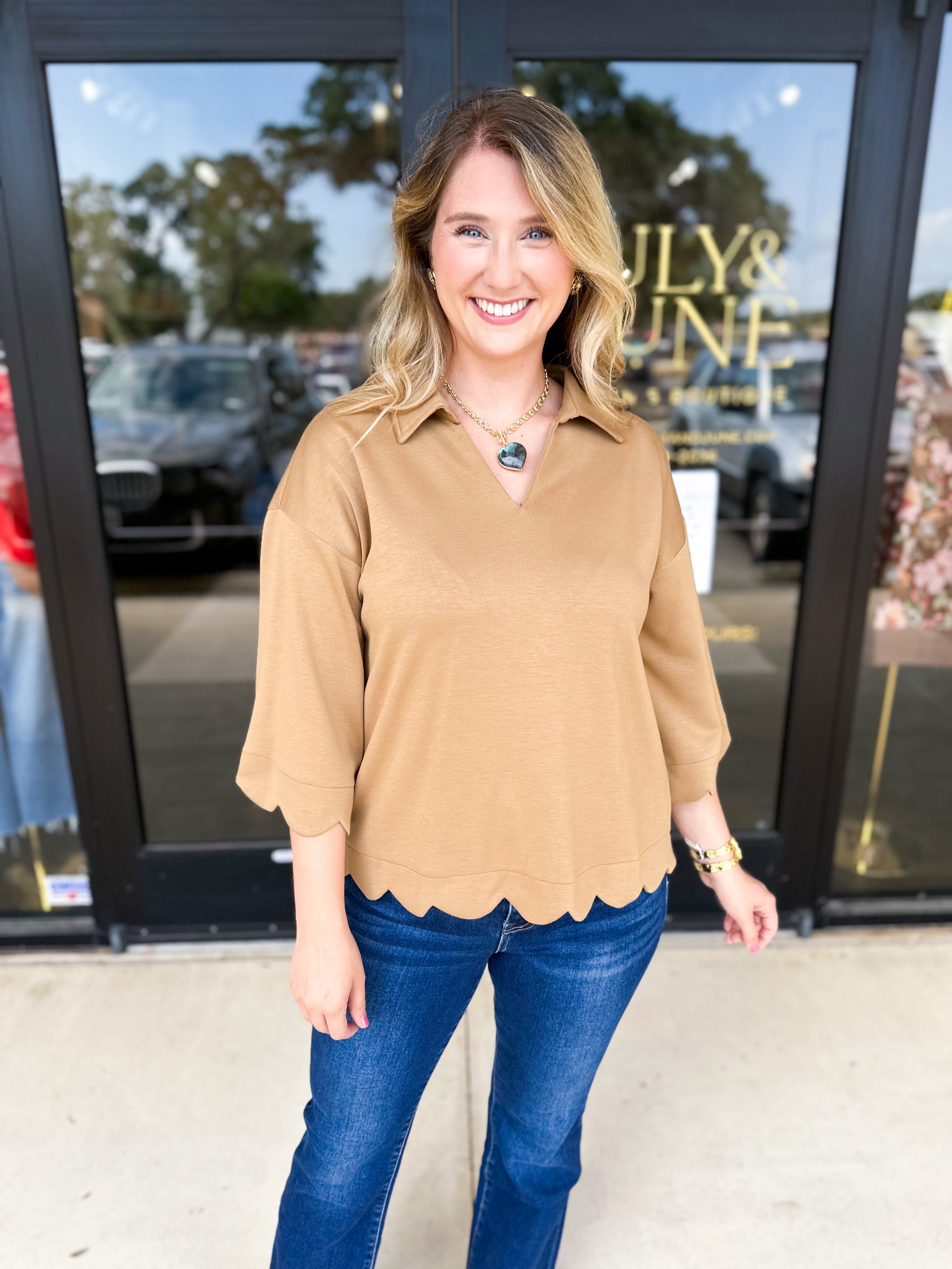 Soft Scalloped Top - Camel-200 Fashion Blouses-JODIFL-July & June Women's Fashion Boutique Located in San Antonio, Texas
