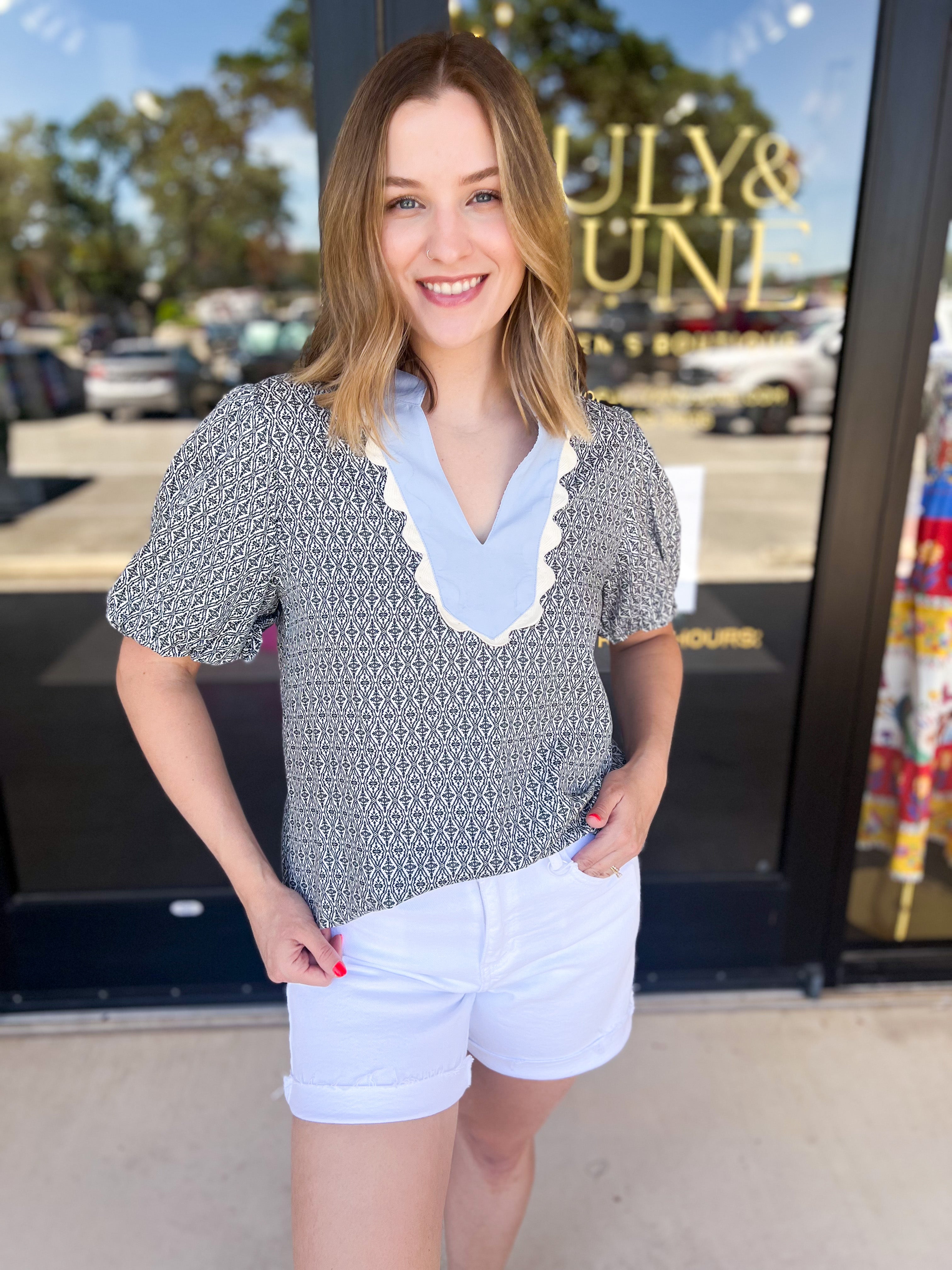THML - Black & Baby Blue Blouse-200 Fashion Blouses-THML-July & June Women's Fashion Boutique Located in San Antonio, Texas