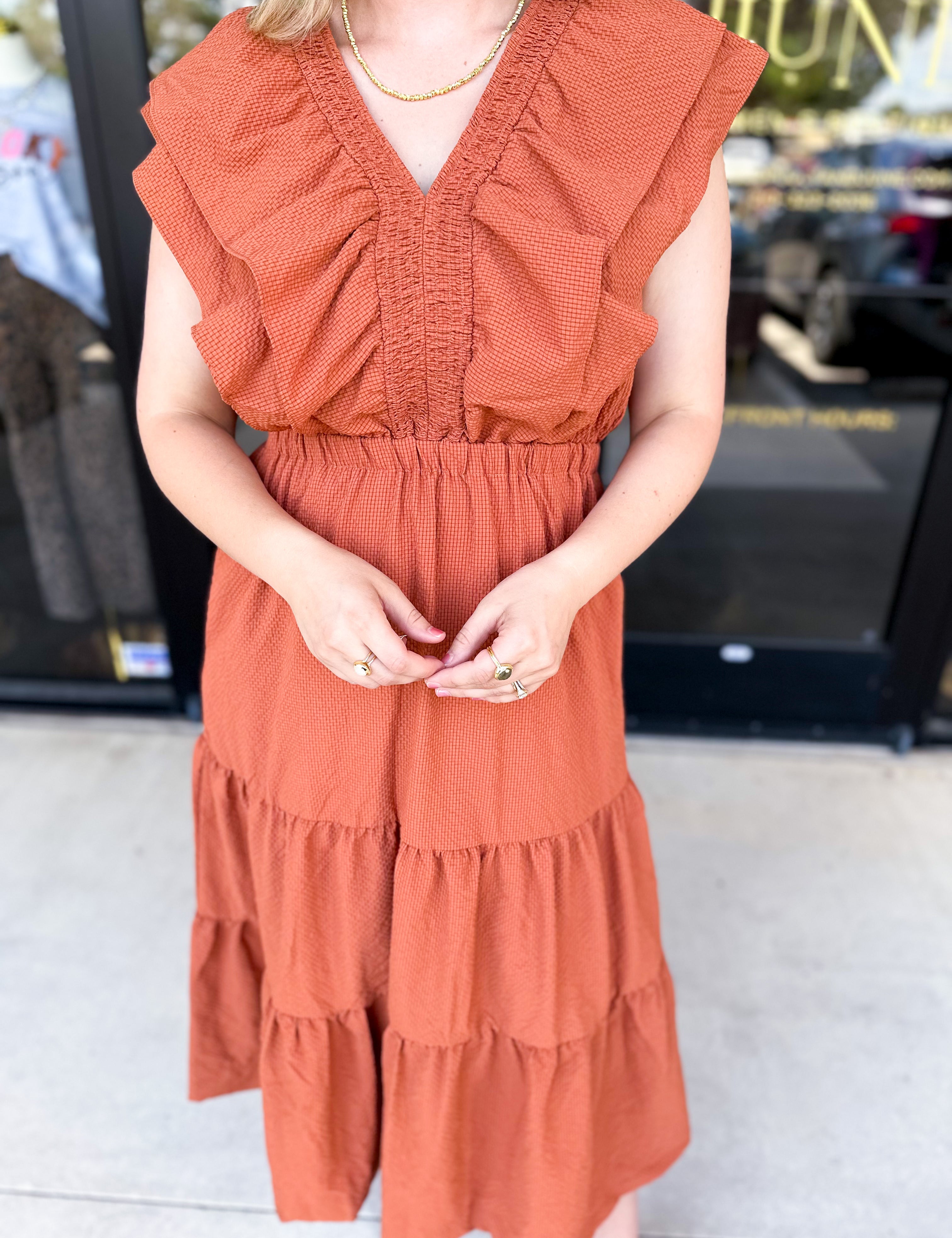 THML - Gather Midi Dress - Rust-500 Midi-THML-July & June Women's Fashion Boutique Located in San Antonio, Texas