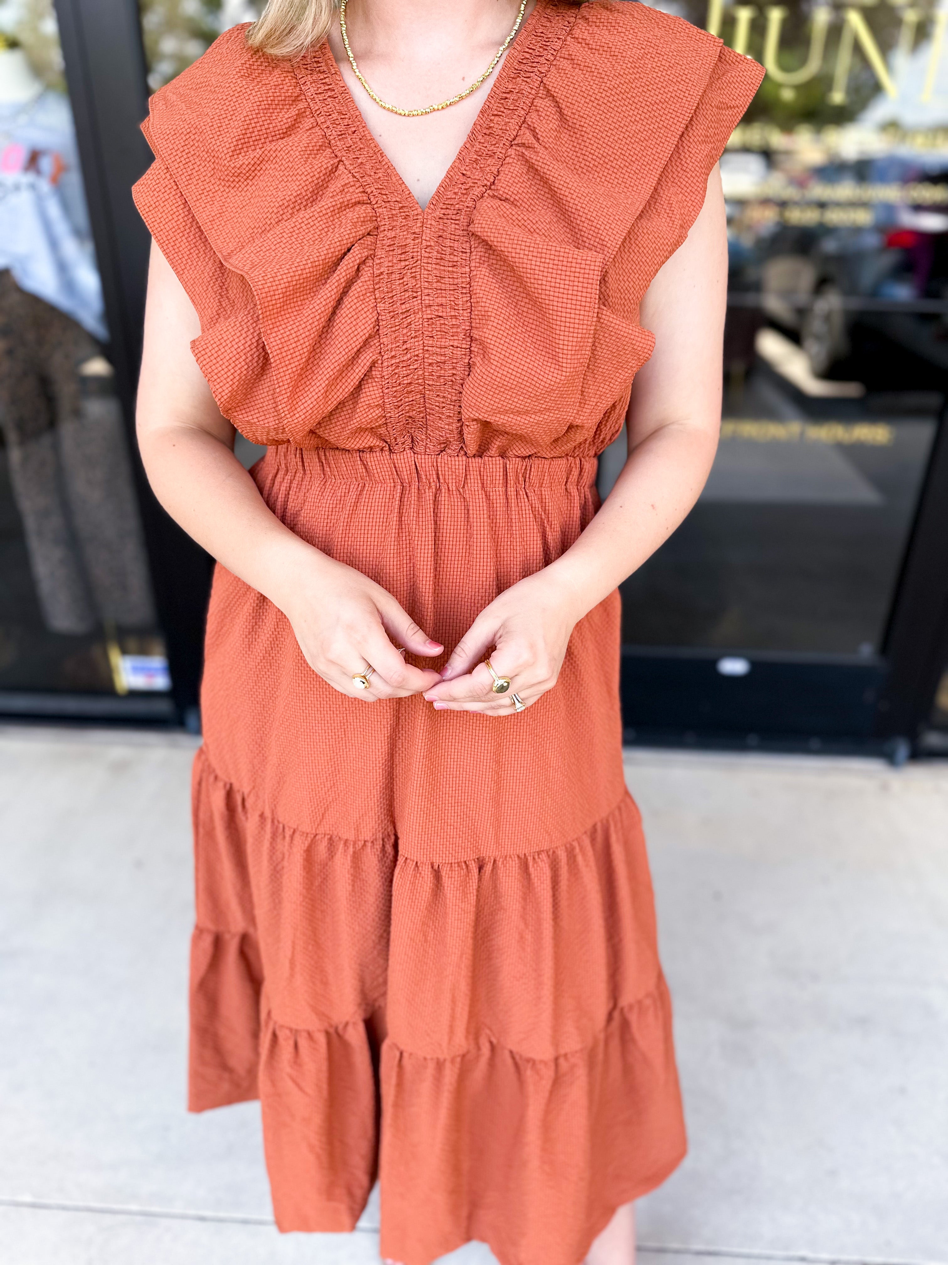 THML - Gather Midi Dress - Rust-500 Midi-THML-July & June Women's Fashion Boutique Located in San Antonio, Texas