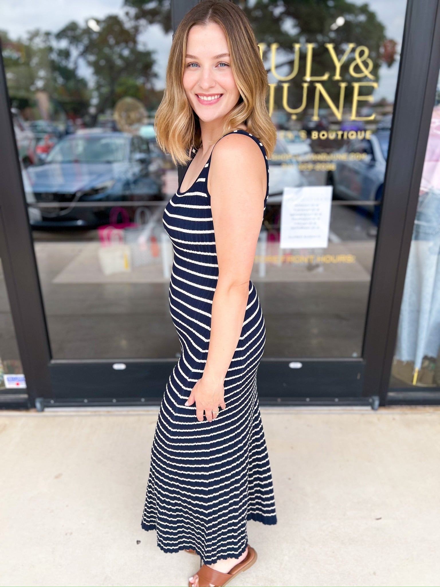 Navy Knit Midi Dress-500 Midi-SKIES ARE BLUE-July & June Women's Fashion Boutique Located in San Antonio, Texas