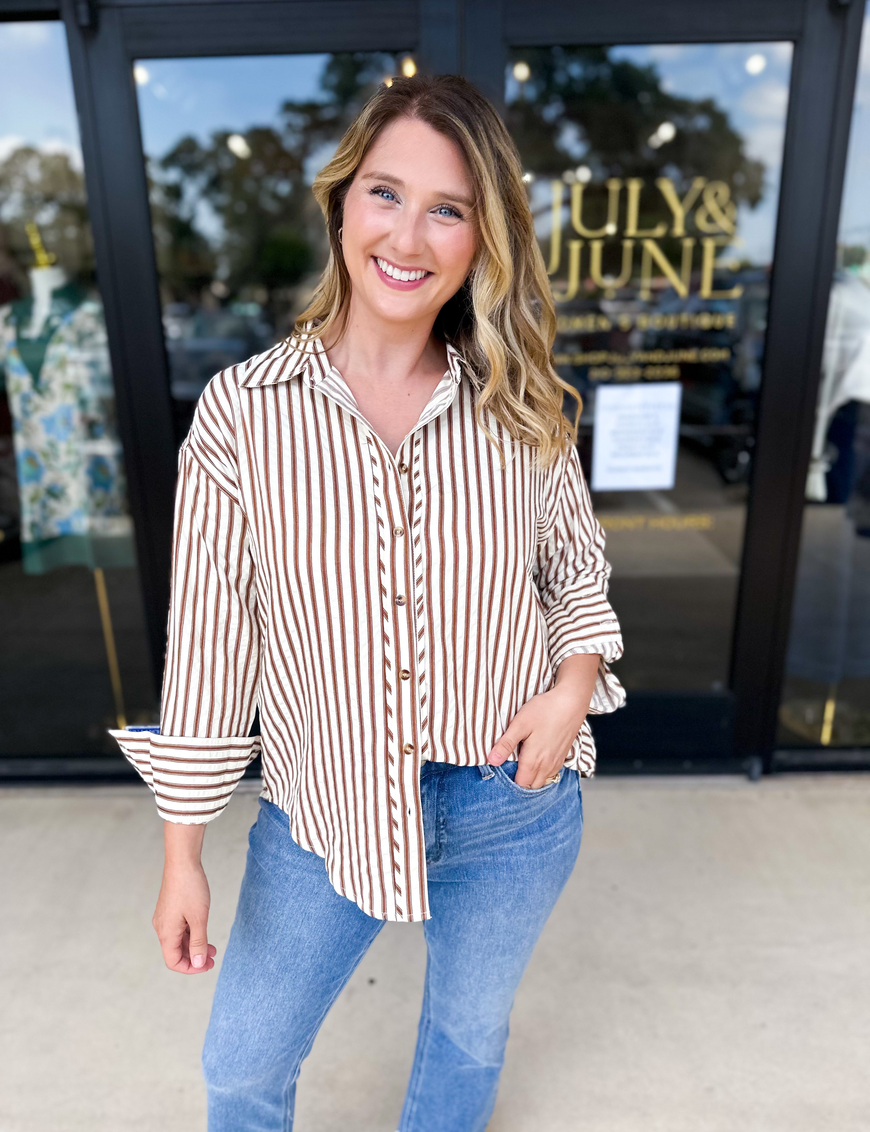 Casual Cute Button Down Blouse - Brown-200 Fashion Blouses-ENTRO-July & June Women's Fashion Boutique Located in San Antonio, Texas