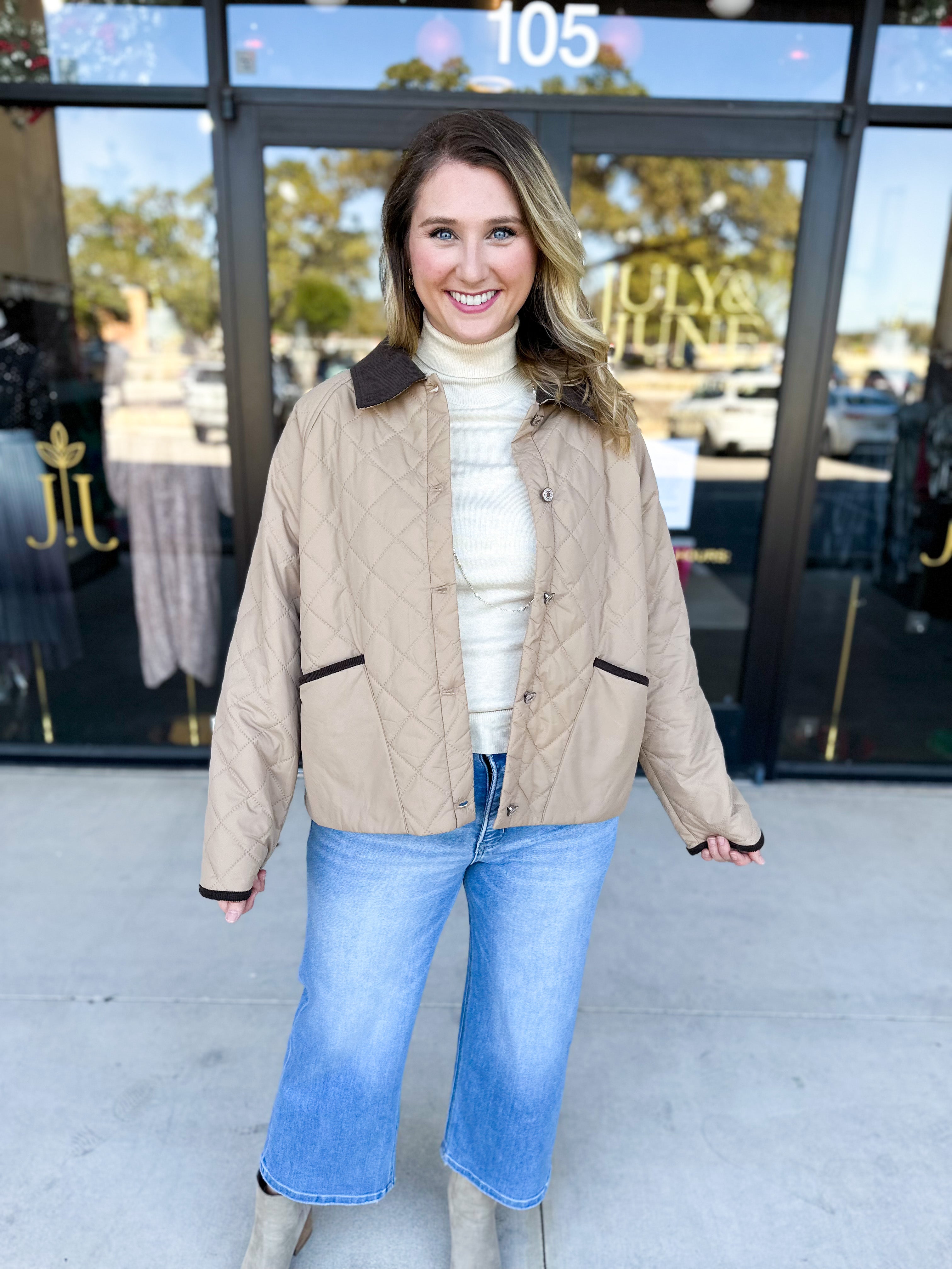 Khaki & Suede Jacket-600 Outerwear-ENTRO-July & June Women's Fashion Boutique Located in San Antonio, Texas