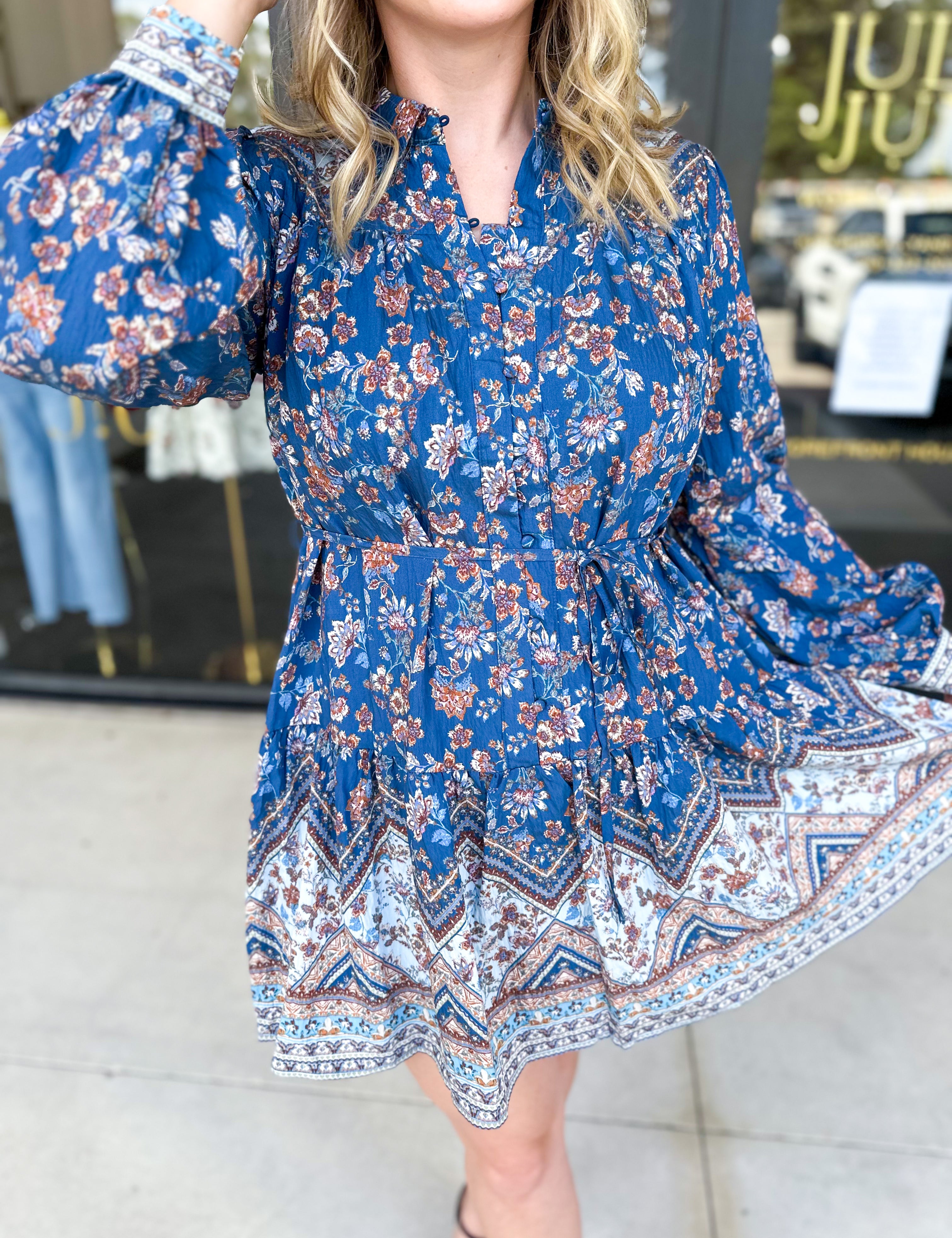 Deep Blue Harvest Mini Dress-510 Mini-FATE-July & June Women's Fashion Boutique Located in San Antonio, Texas