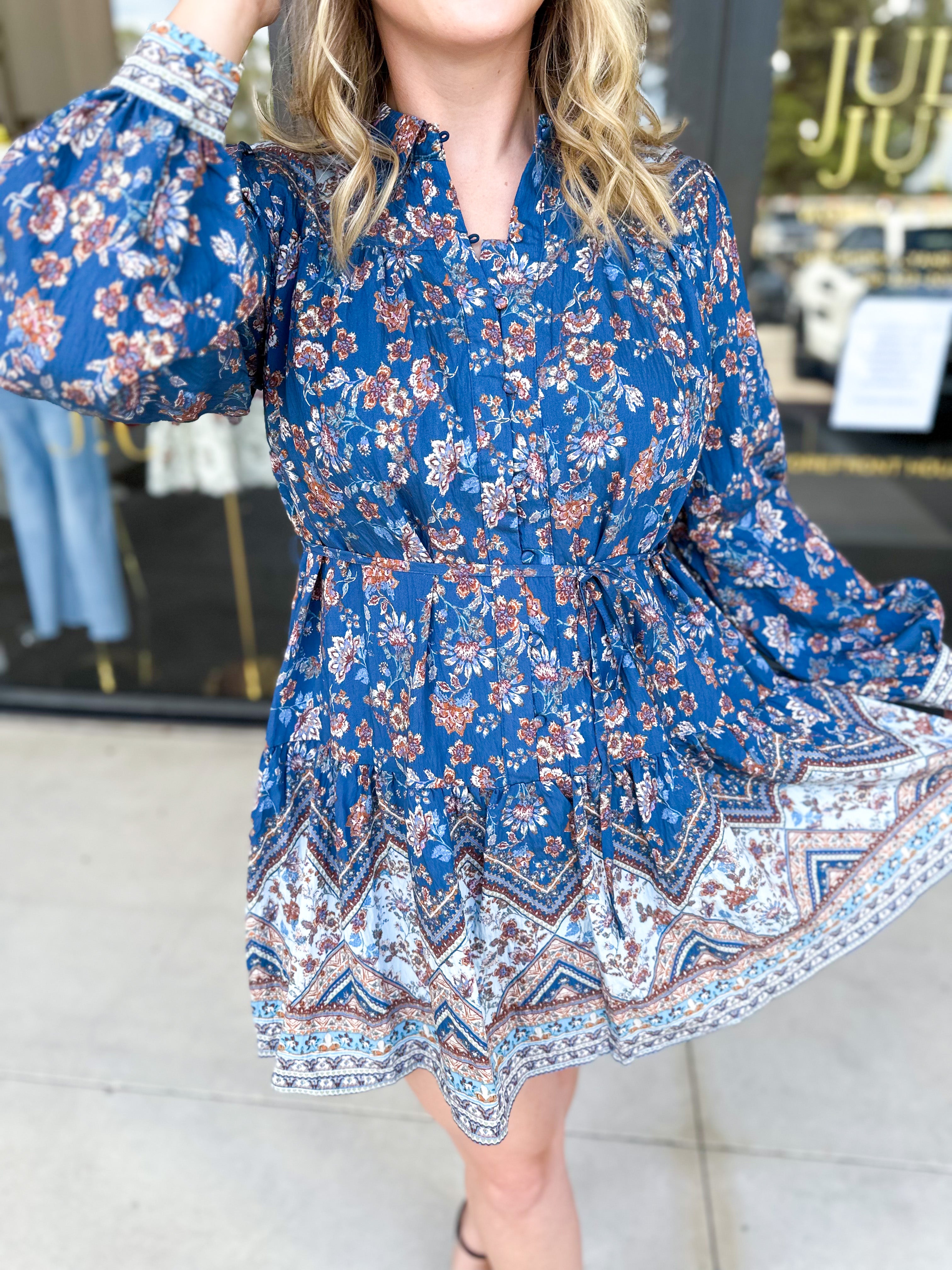 Deep Blue Harvest Mini Dress-510 Mini-FATE-July & June Women's Fashion Boutique Located in San Antonio, Texas