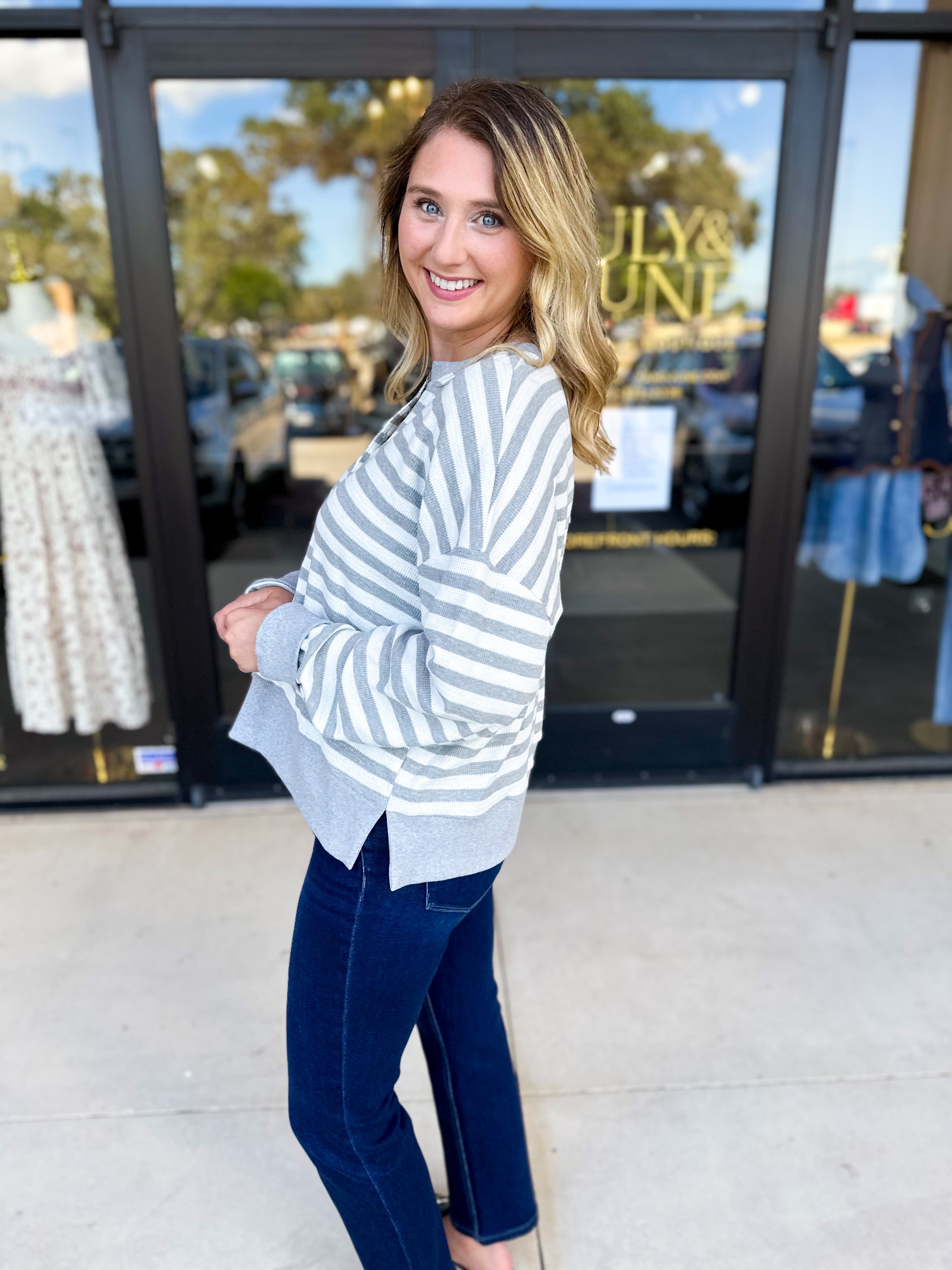 Casual Cool Henley Long Sleeve - Light Grey-210 Casual Blouses-POLOGRAM-July & June Women's Fashion Boutique Located in San Antonio, Texas