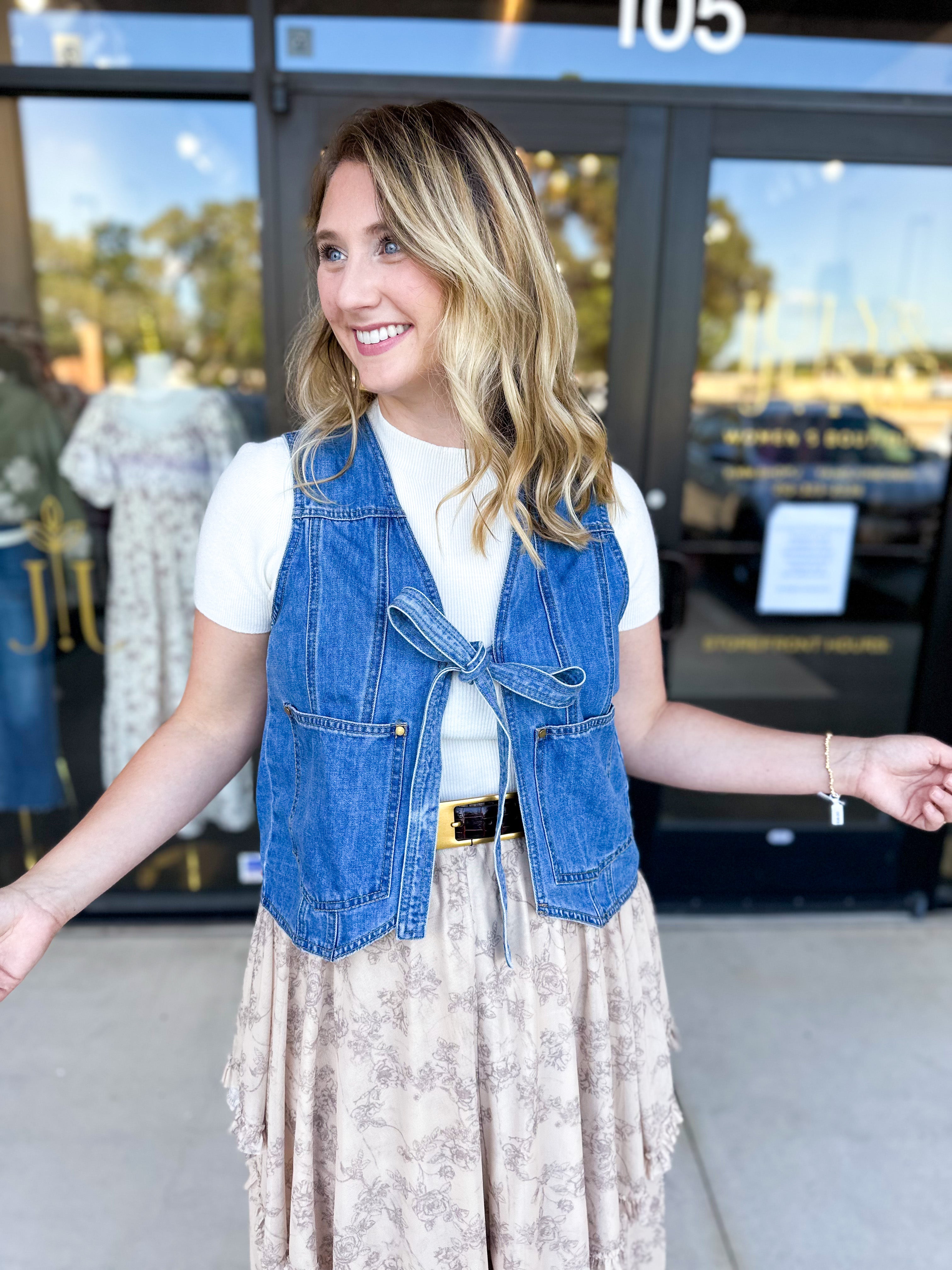 Front Tie Denim Vest-600 Outerwear-LISTICLE-July & June Women's Fashion Boutique Located in San Antonio, Texas