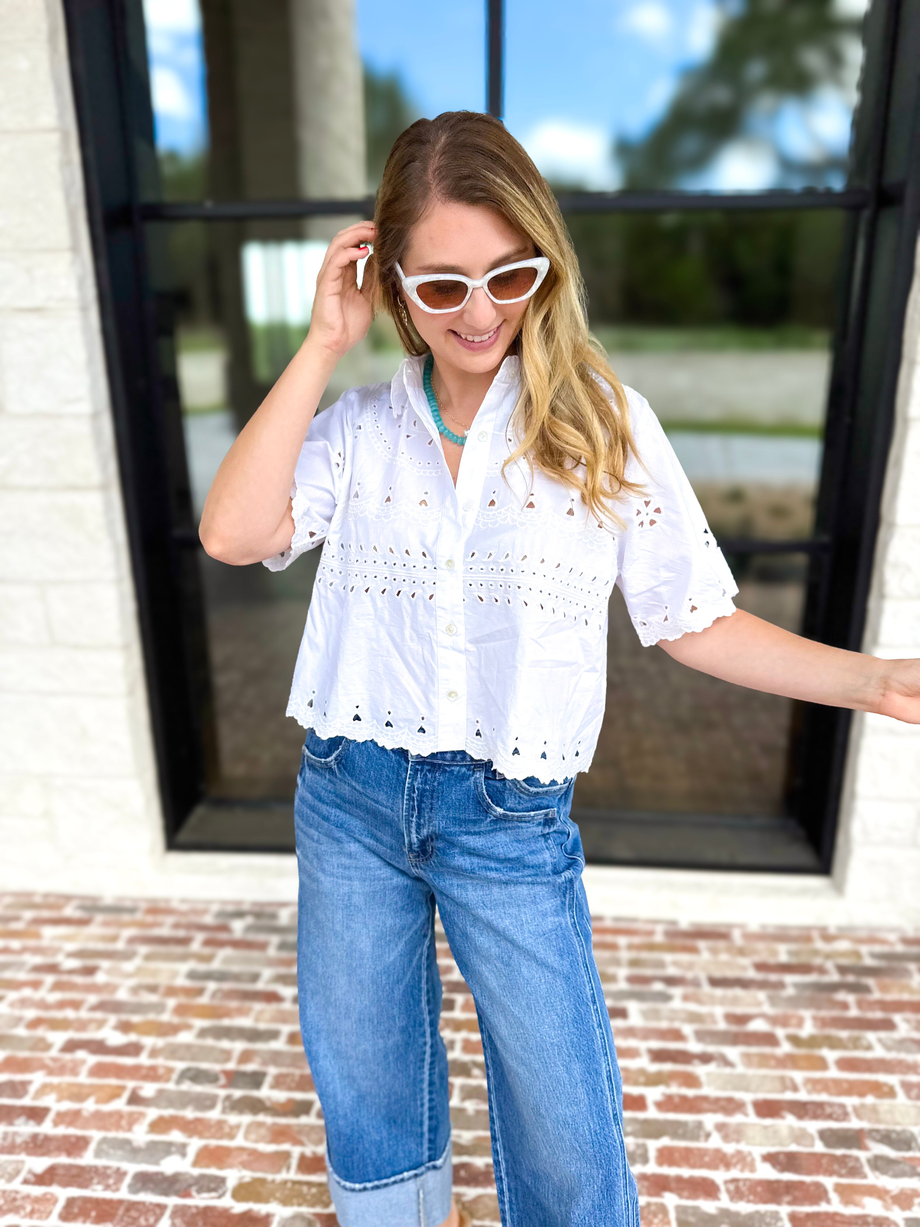 THML - Summertime Eyelet Blouse-200 Fashion Blouses-THML-July & June Women's Fashion Boutique Located in San Antonio, Texas