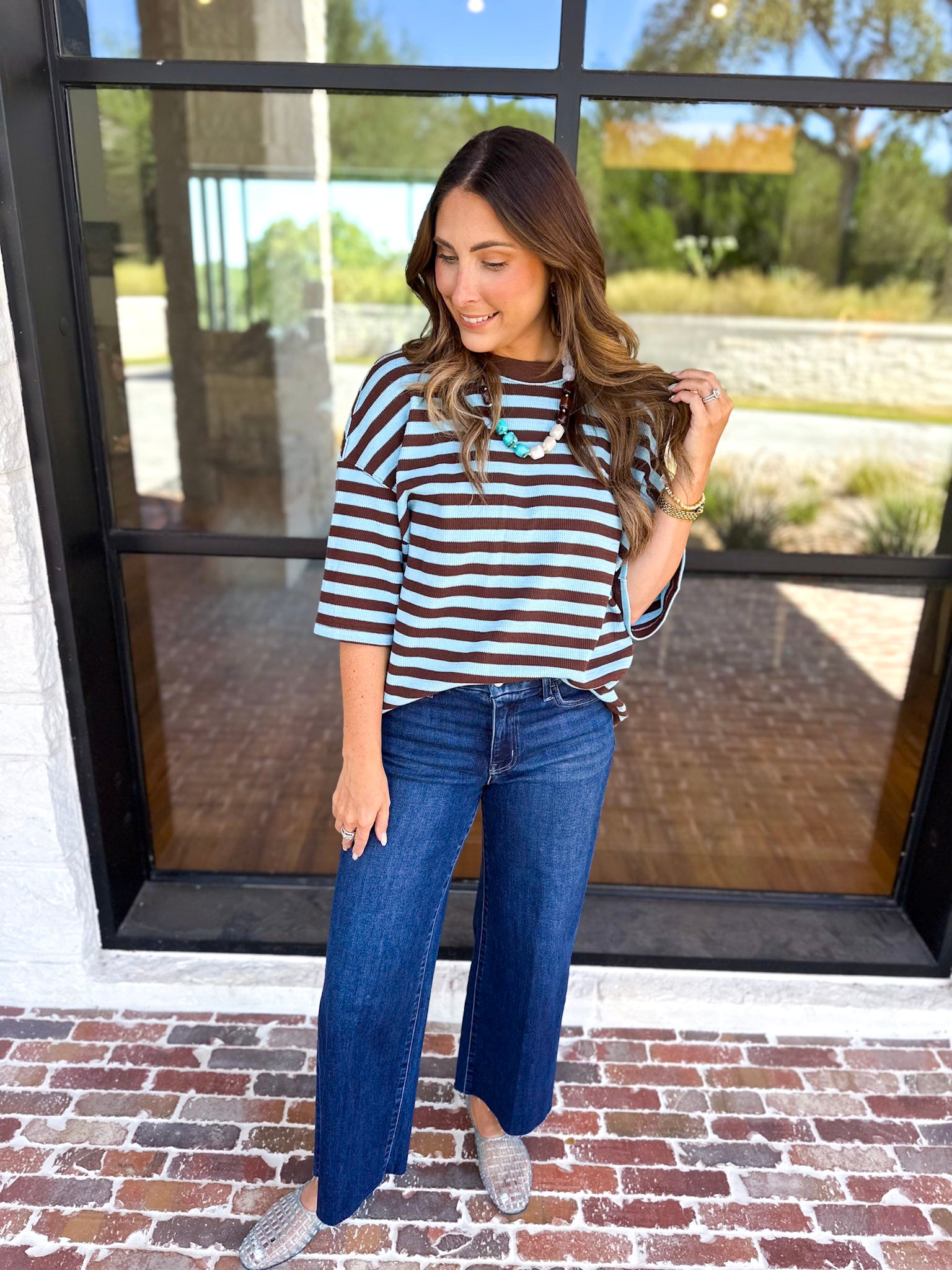 The Coffee Run Tee - Blue Mocha-210 Casual Blouses-ENTRO-July & June Women's Fashion Boutique Located in San Antonio, Texas
