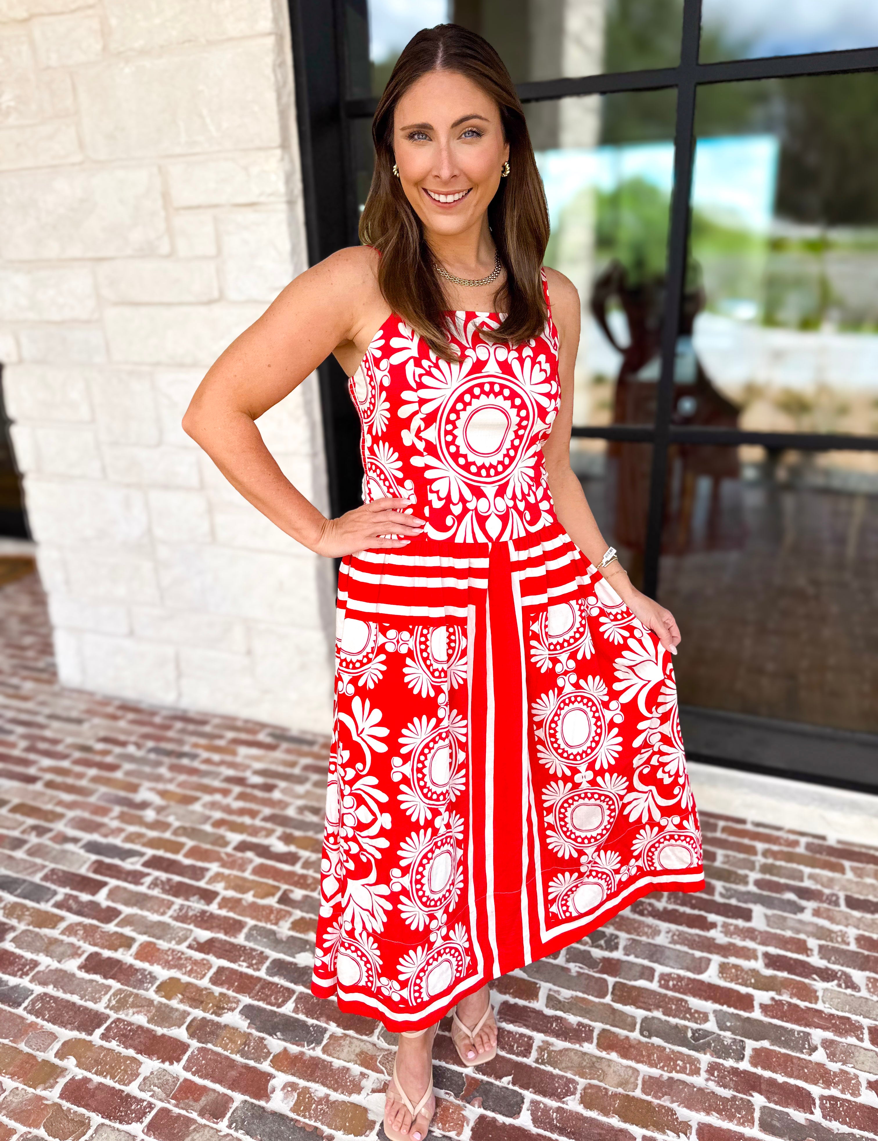 Red Sunburst Midi Dress-500 Midi-FATE-July & June Women's Fashion Boutique Located in San Antonio, Texas