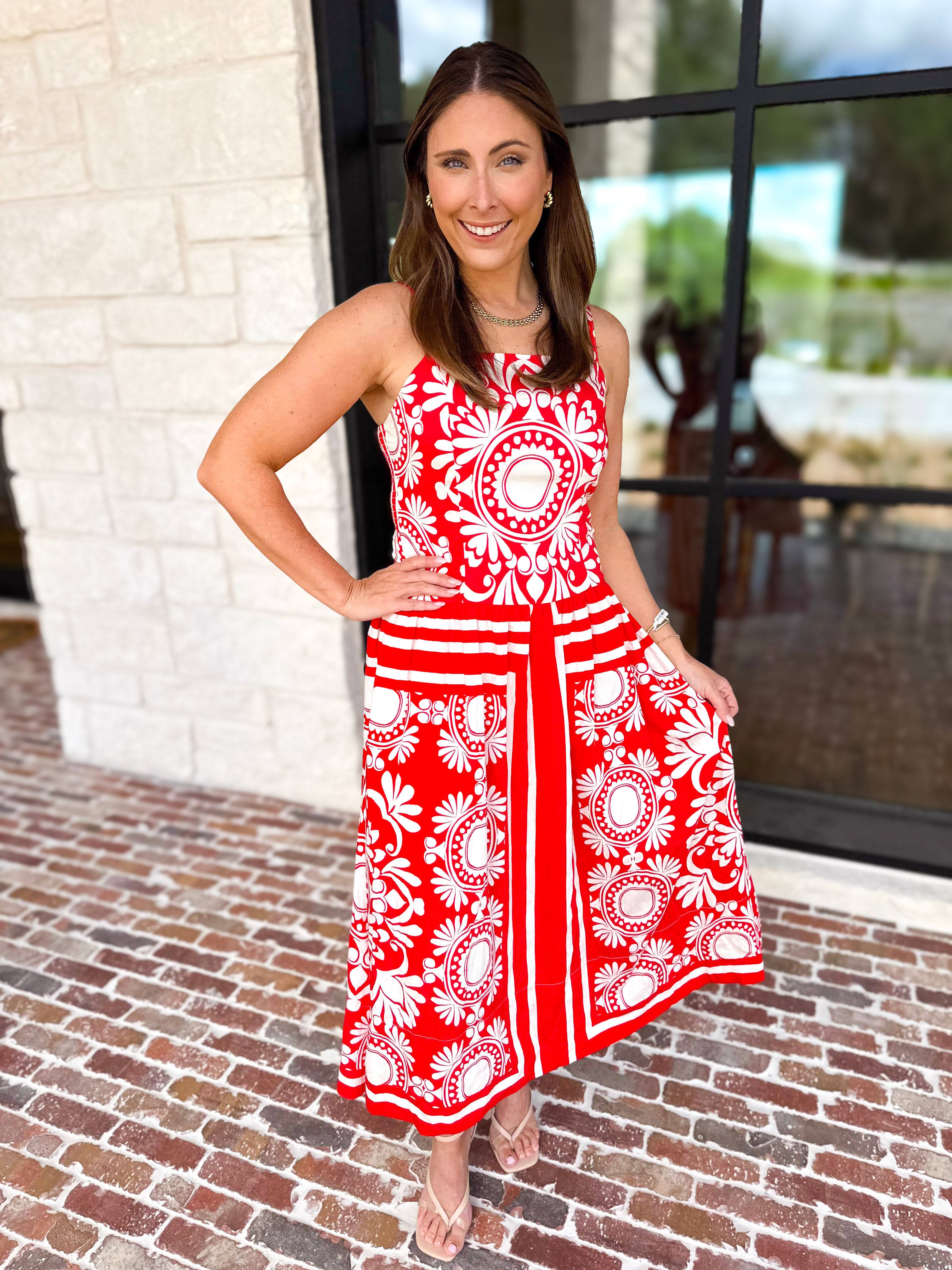 Red Sunburst Midi Dress-500 Midi-FATE-July & June Women's Fashion Boutique Located in San Antonio, Texas