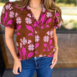 Pink & Chocolate Floral Blouse-200 Fashion Blouses-TCEC-July & June Women's Fashion Boutique Located in San Antonio, Texas