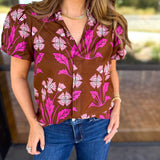 Pink & Chocolate Floral Blouse-200 Fashion Blouses-TCEC-July & June Women's Fashion Boutique Located in San Antonio, Texas