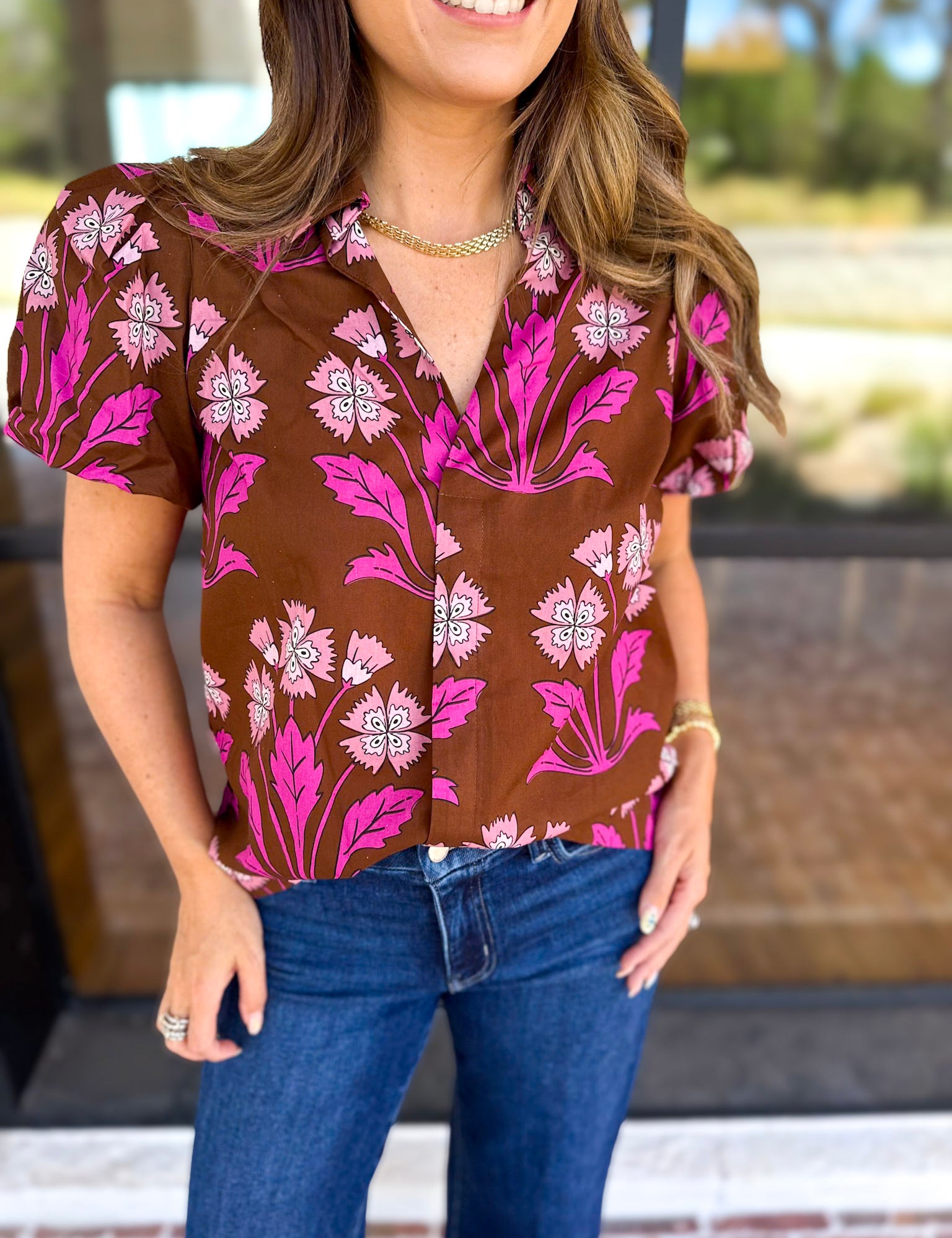 Pink & Chocolate Floral Blouse-200 Fashion Blouses-TCEC-July & June Women's Fashion Boutique Located in San Antonio, Texas