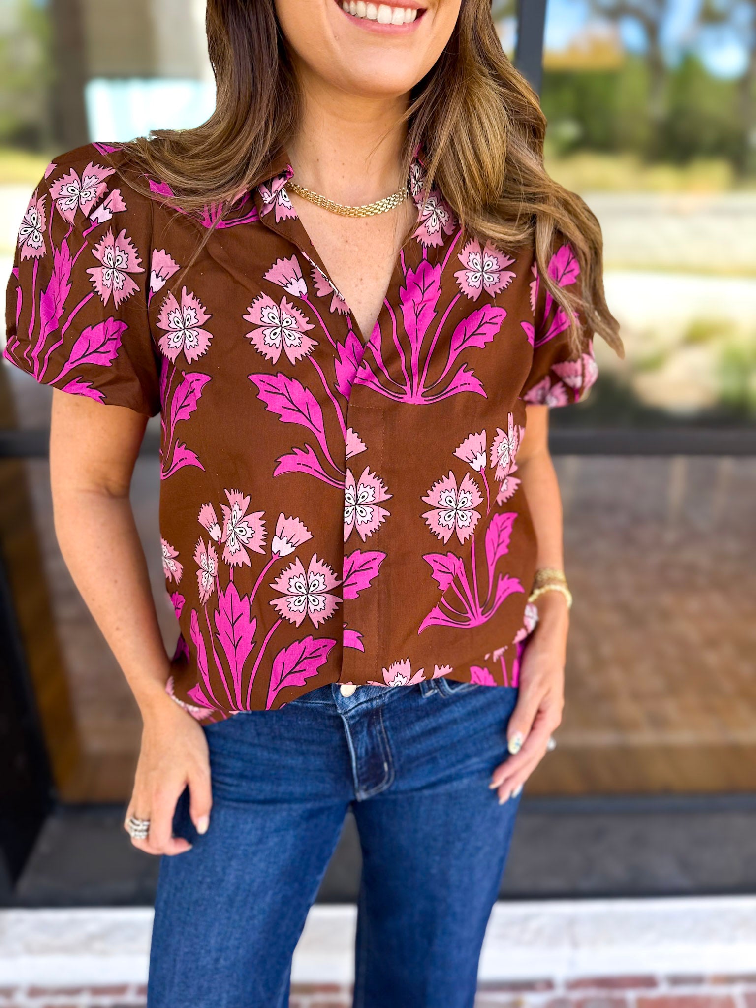 Pink & Chocolate Floral Blouse-200 Fashion Blouses-TCEC-July & June Women's Fashion Boutique Located in San Antonio, Texas