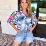 THML - Blue Gingham & Floral Embroidered Blouse-200 Fashion Blouses-THML-July & June Women's Fashion Boutique Located in San Antonio, Texas