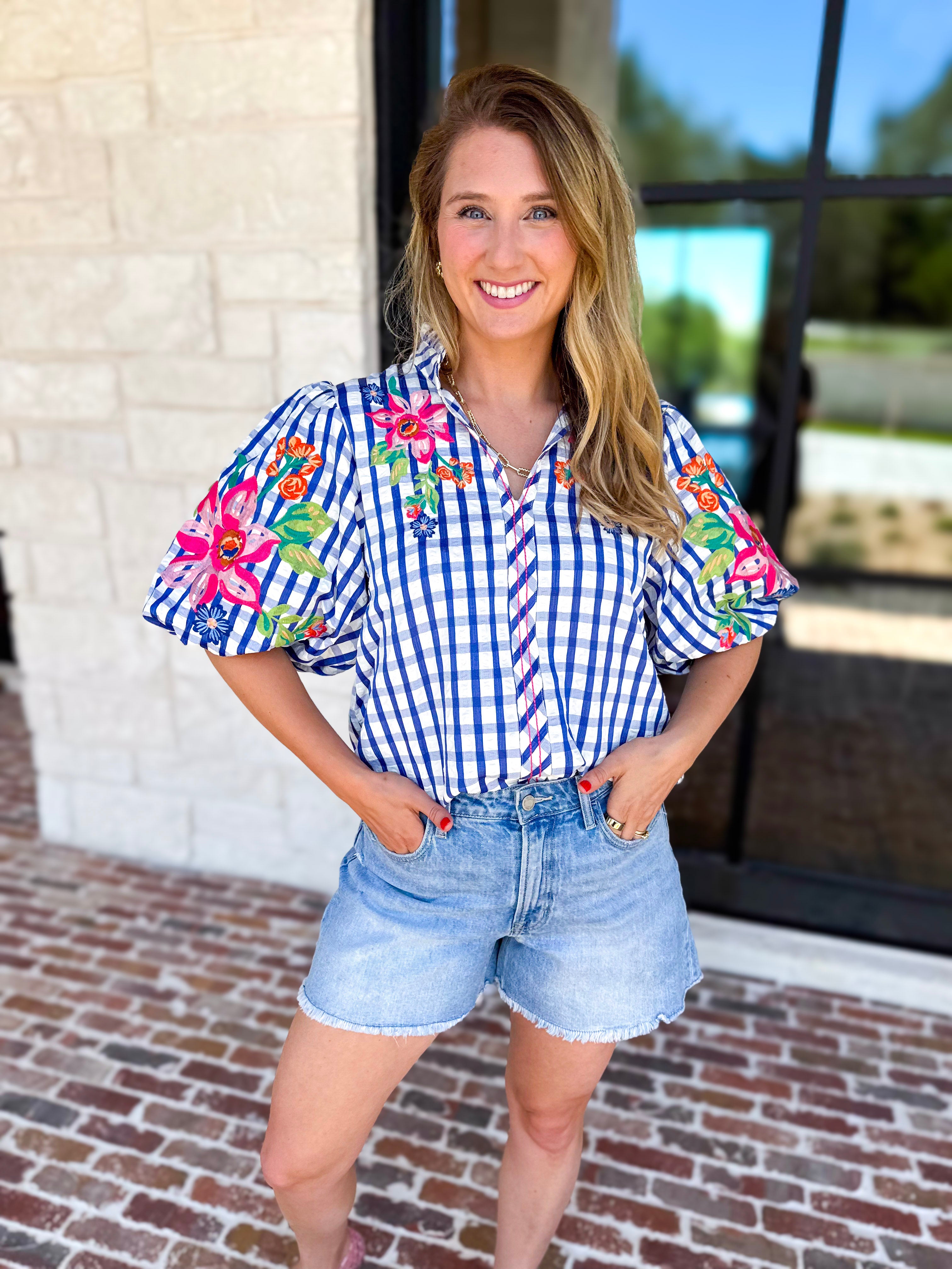 THML - Blue Gingham & Floral Embroidered Blouse-200 Fashion Blouses-THML-July & June Women's Fashion Boutique Located in San Antonio, Texas