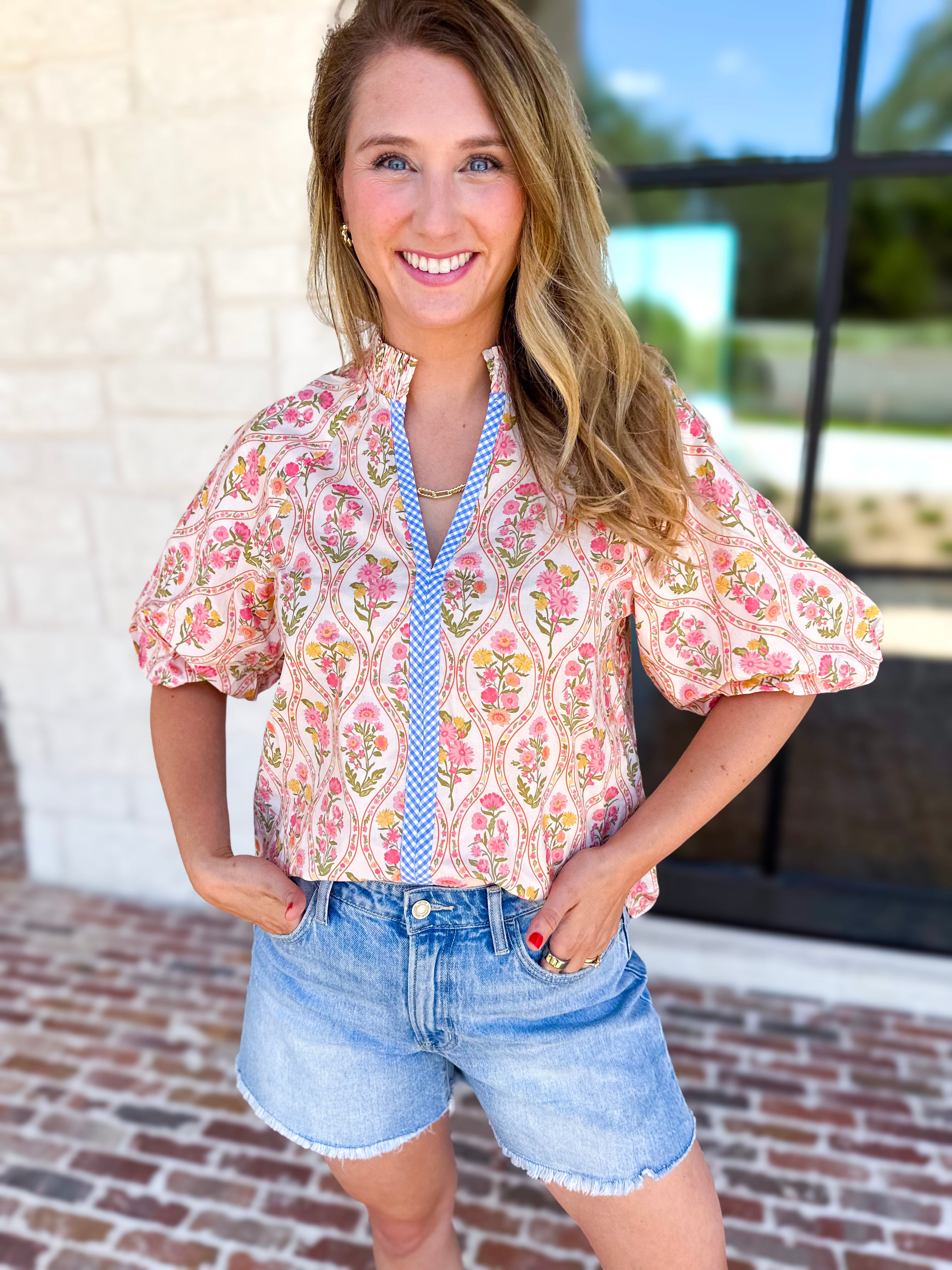 THML - Pink & Yellow Florals Blouse-200 Fashion Blouses-THML-July & June Women's Fashion Boutique Located in San Antonio, Texas